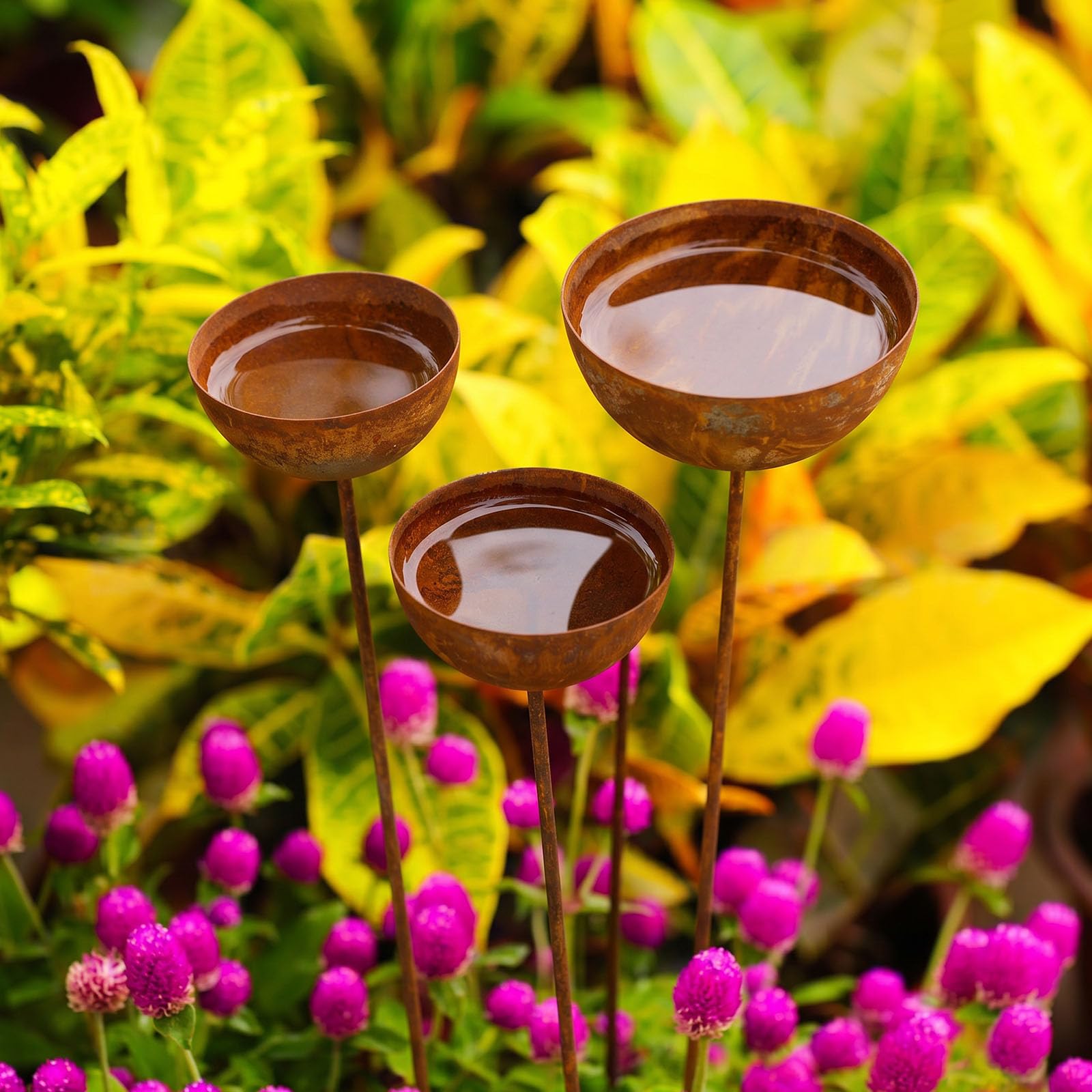 Rain Catcher Garden Stake, 3 Pcs Metal Bird Bath for Outdoor, Freestanding Rain Catcher Bird Bath Bowls with Ground Stakes, Birds Feeder & Wildlife Water Station for Garden Patio Yard Lawn Decor