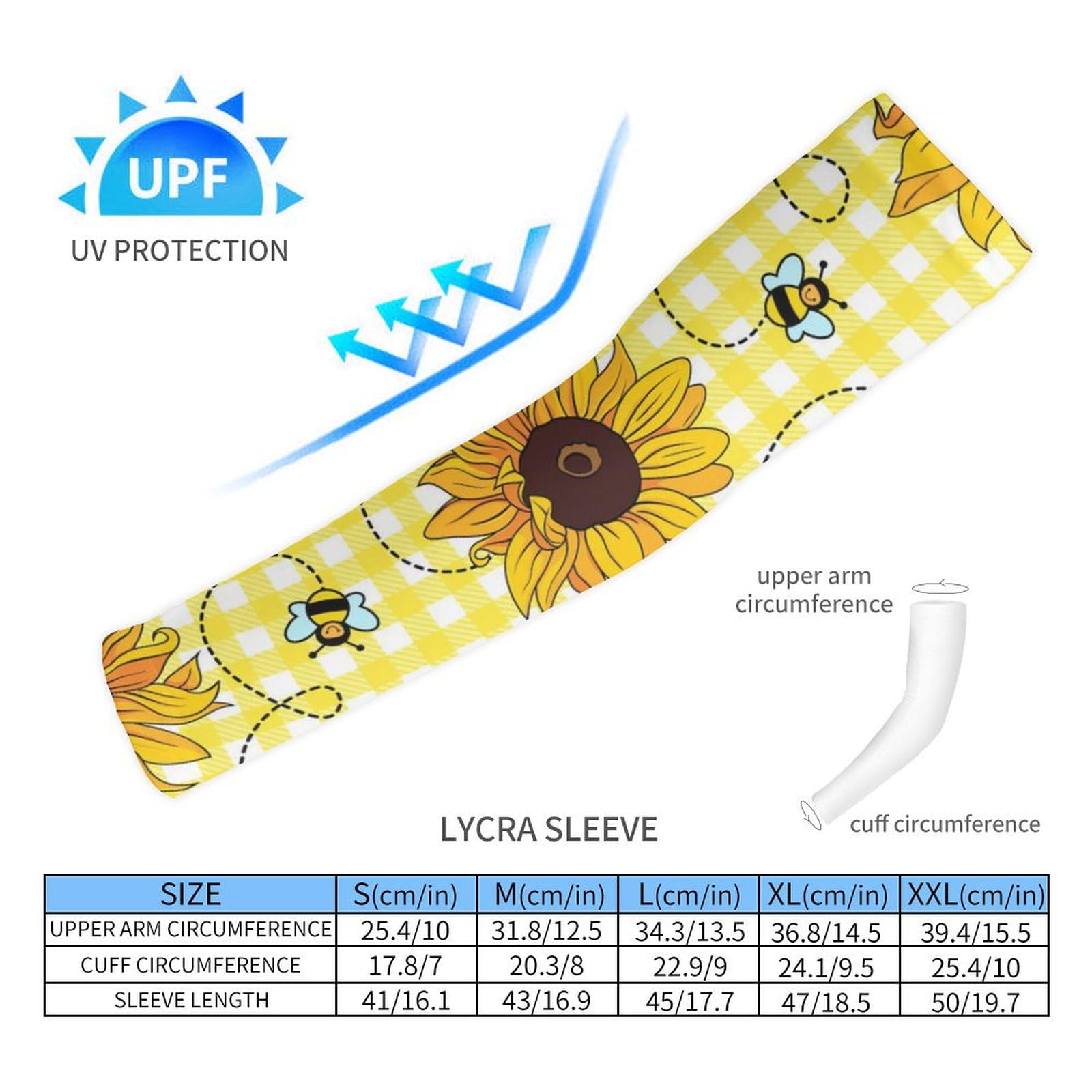 TecEr Sunflowers Bees Pattern UV Protection Arm Sleeves Outdoor Compression Covers for Men Women Gardening, M