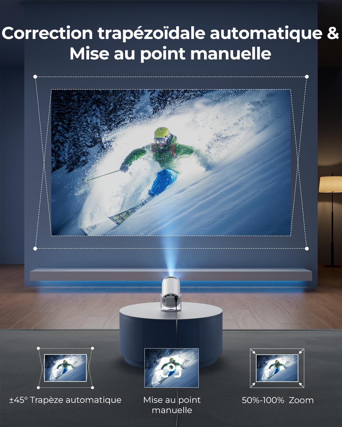 [App intégrée & Auto Keystone] Vidéoprojecteur 4K Supporte 20000 Lumens 2026 Mini Projecteur Portable avec Android TV WiFi 6 Bluetooth 5.4 Rotation 180° pour HDMI/USB/TV Stick/Smartphone/Laptop