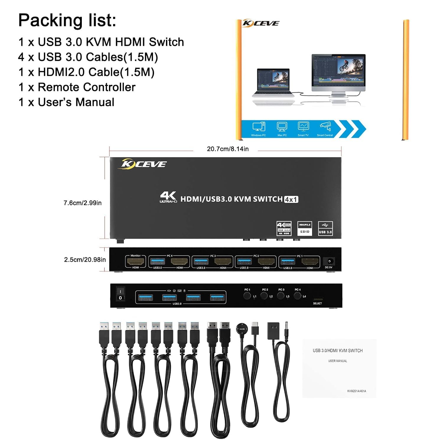 KCEVE KVM HDMI Switch 4 Ports, 4 Computer Switch with EDID Emulator Support 4K @ 60Hz Resolution for 4 PC 1 Monitor Share Mouse Keyboard