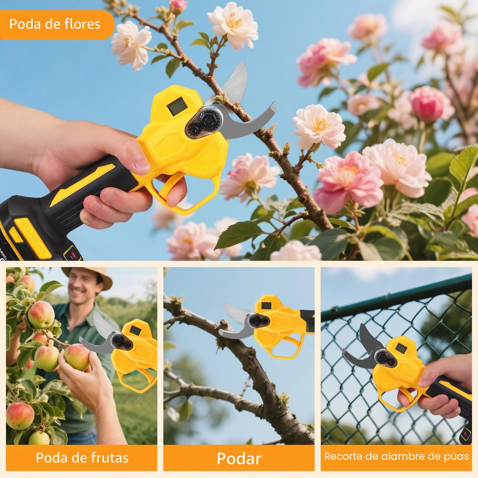 Tijeras de Podar Eléctricas, 30mm Podadora a Batería con 2 x 2000mAh Baterías, Pantalla LCD, Profesional Tijeras de Podar Bateria con Motor Brushless, 6-8H de Autonomía para Ramas,Arbustos,Troncos