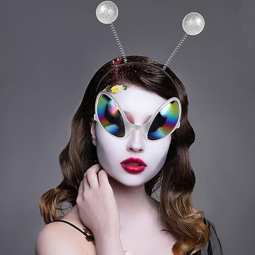 Miniatura 5 de Juego de 4 lentes alienígenas y diadema de antena, lentes de sol de color arcoíris, lentes plateados con diadema para adultos y regalos de fiesta de