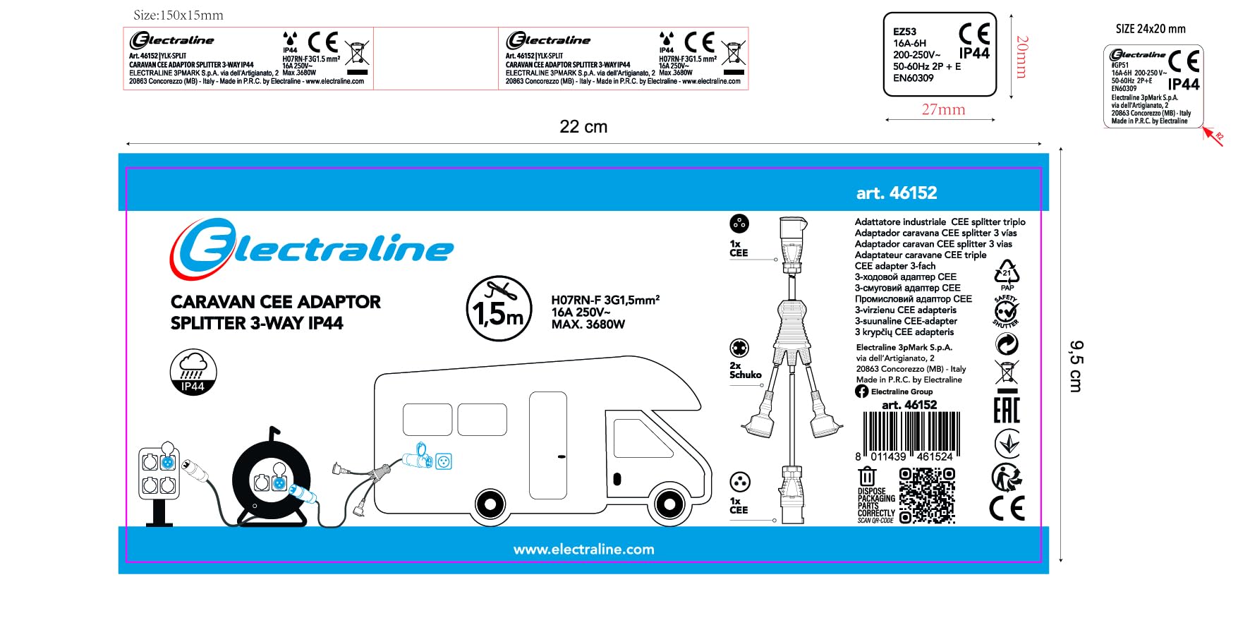 Electraline 46152 Câble d'alimentation pour caravane, Splitter à 3 voies avec 2 prises Schuko + 1 prise CEE, Fiche CEE pour usage extérieur IP44, câble en caoutchouc H07RN-F 3G1.5 mm, longueur 1.5 M