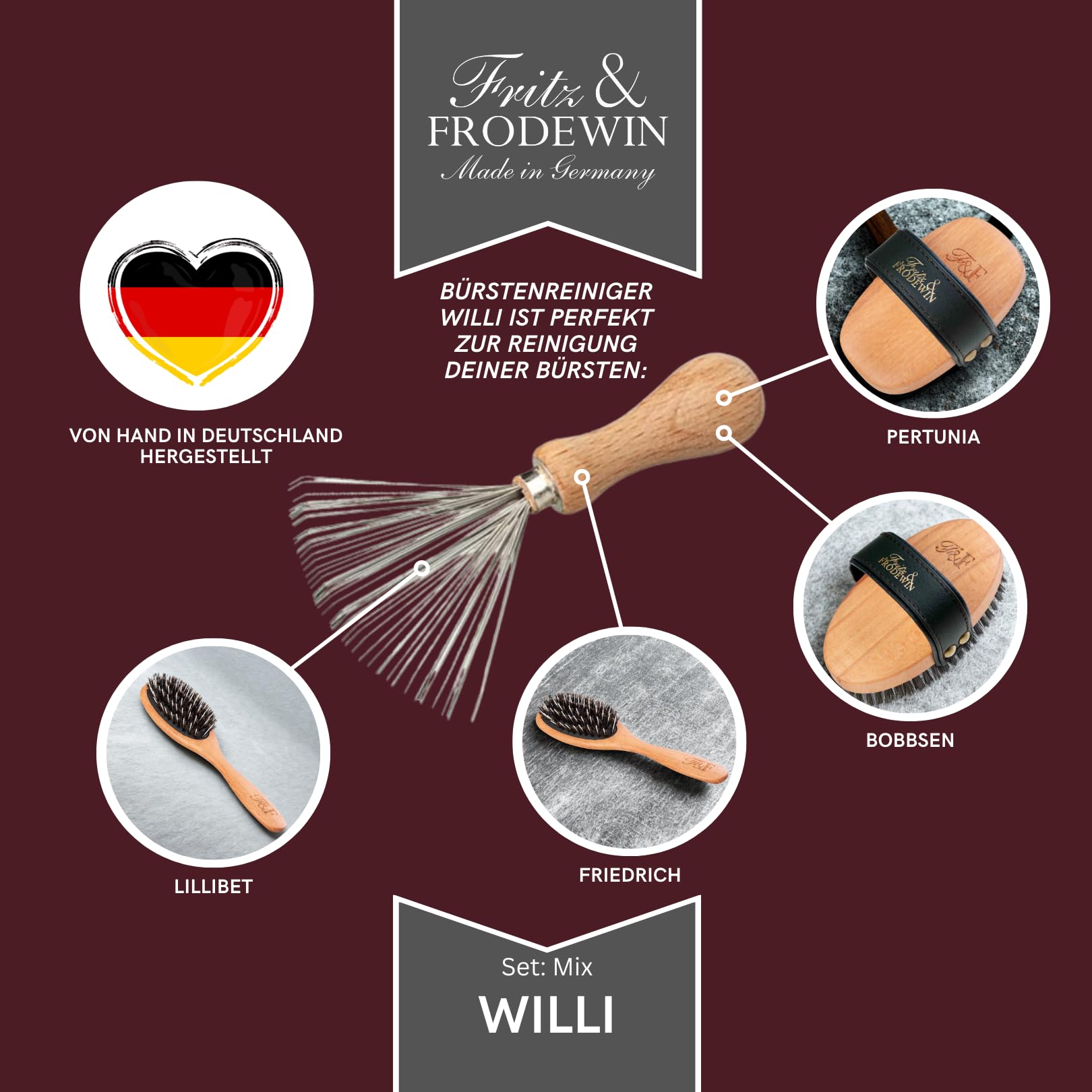 Fritz & Frodewin Hundebürsten-Set "Mix" | Premium Hundehaarbürsten für langhaarige Hunde | Für die tägliche Pflege | FSC zertifiziertes Holz | Gratis Bürstenreiniger | 100% Made in Germany