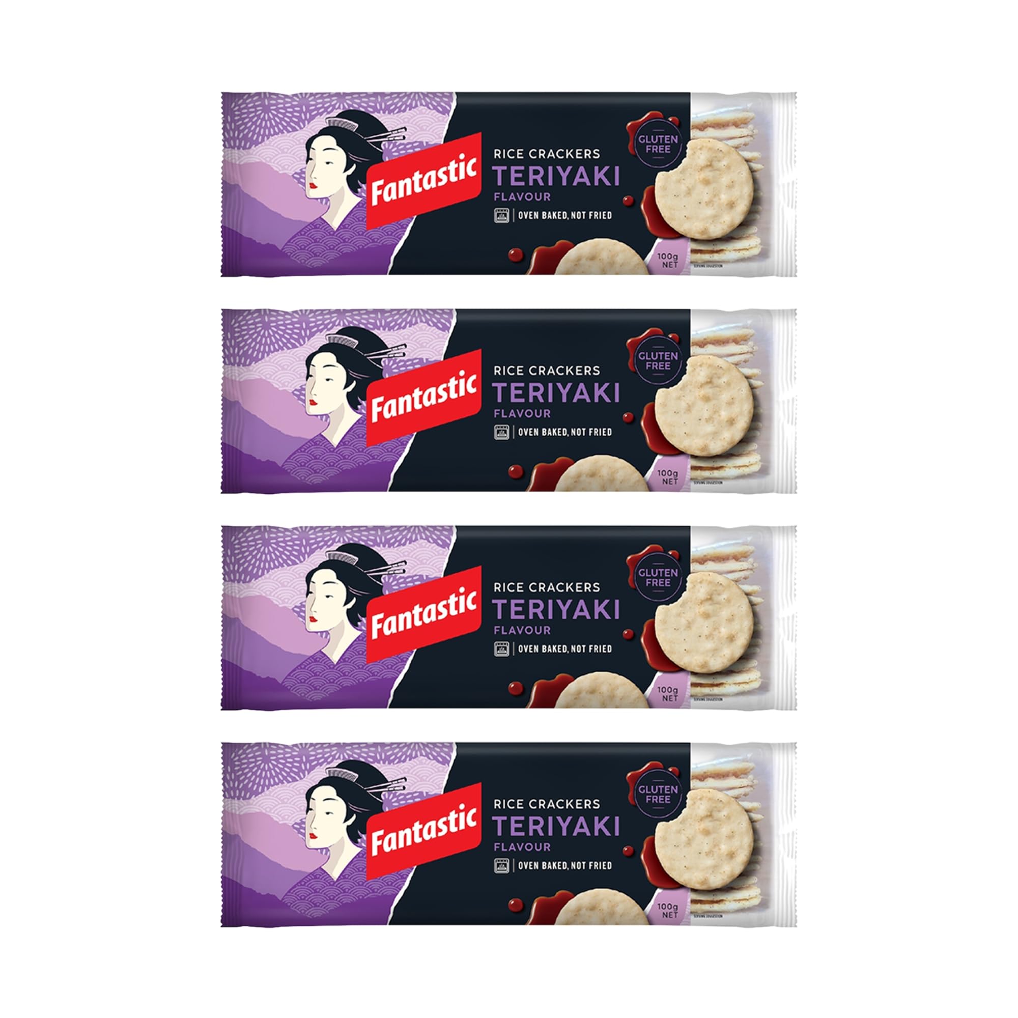 Fantastic Rice Crackers Teriyaki, Authentic Thai Recipe, Oven Baked Crunchy Snack, Vegan & Gluten Free, Low Calorie, 100g (Pack of 4)