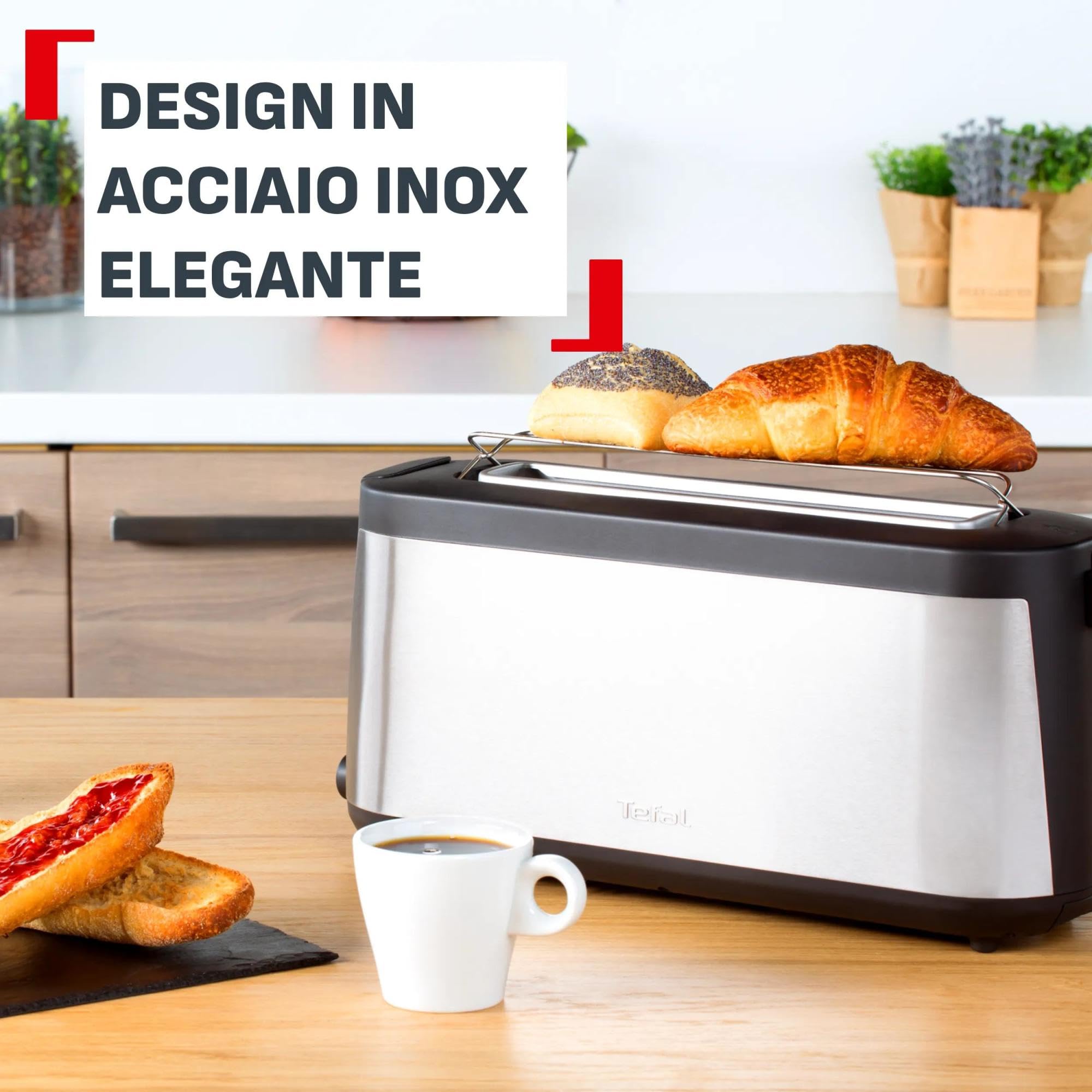 Tefal Element Tostapane A Lunga Fessura, Scaldapanini Integrato, 7 Livelli Di Doratura, Design In Acciaio Inossidabile, Nero, TL430811
