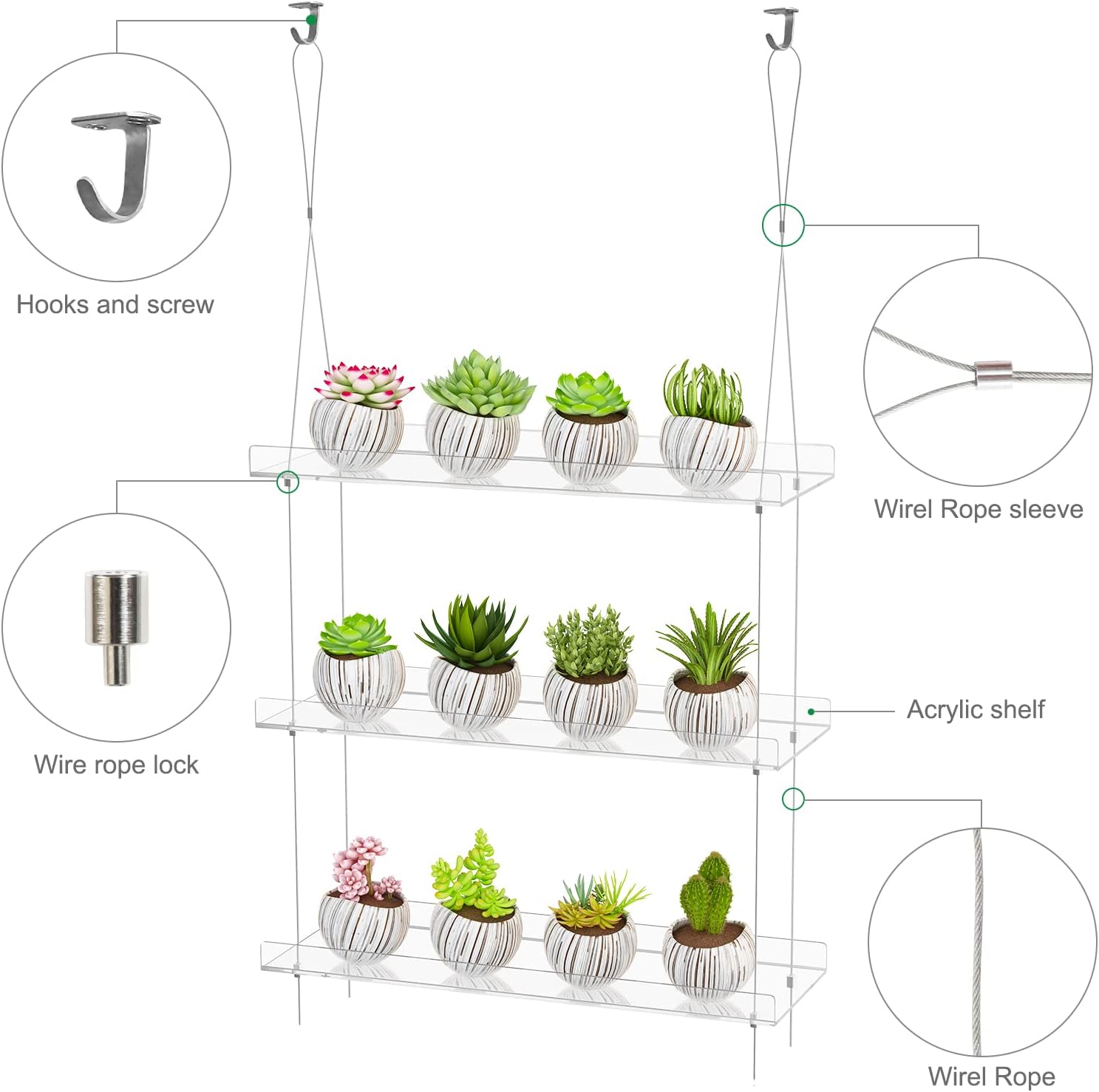 3-Tier Acrylic Hanging Plant Shelves - Height Adjustable Clear Acrylic Shelves for Windows - Perfect for Indoor Gardens, Kitchen Window Displays of Flowers, Succulent Plants, and Seedling Growth