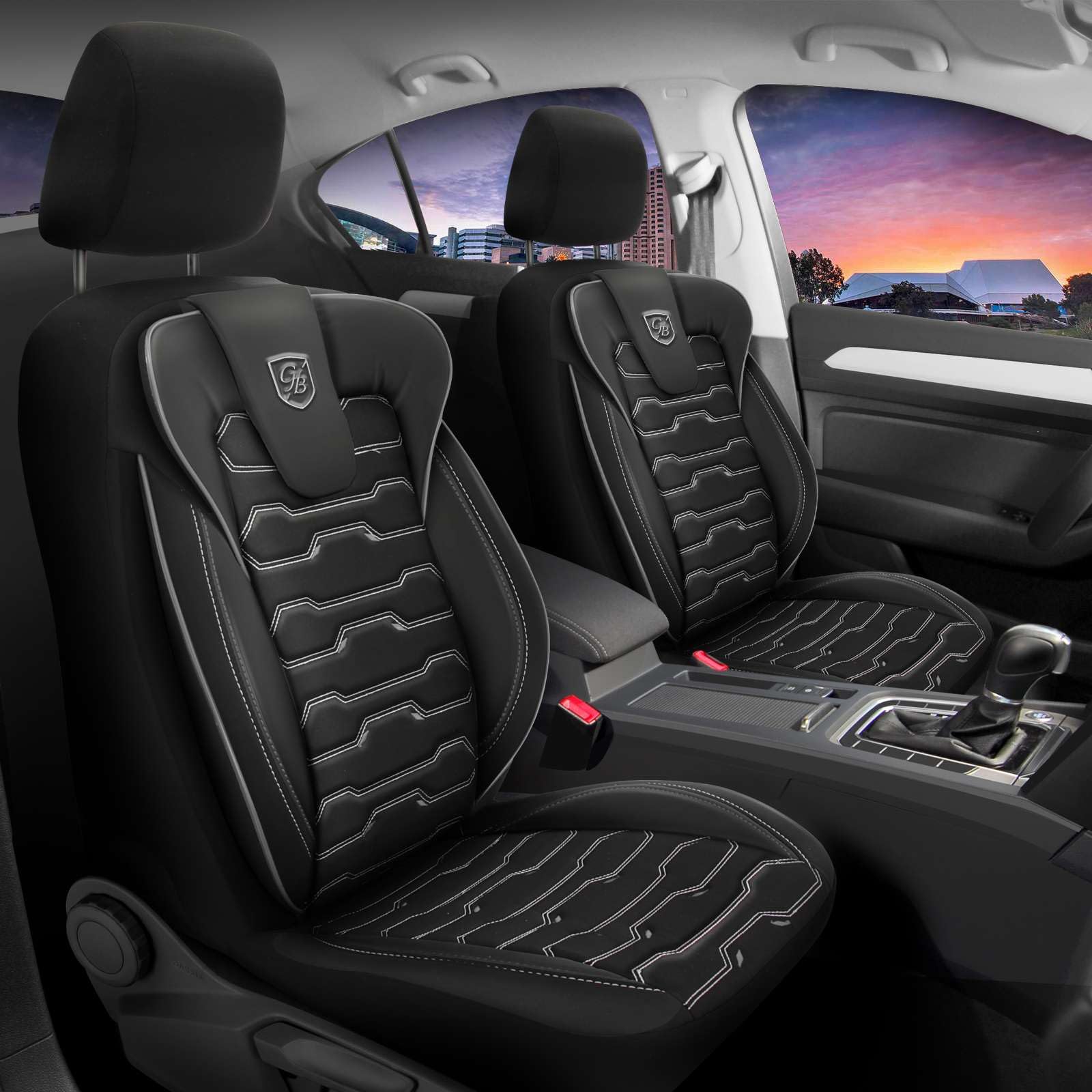 Autositzbezüge Universal – Premium Autozubehör Innenraum für PKW & SUV – Jacquard Sitzauflage, Autoschonbezug Auto, Airbag-kompatibel, Schwarz - Grau, Vordersitz-Set inkl. Montageset