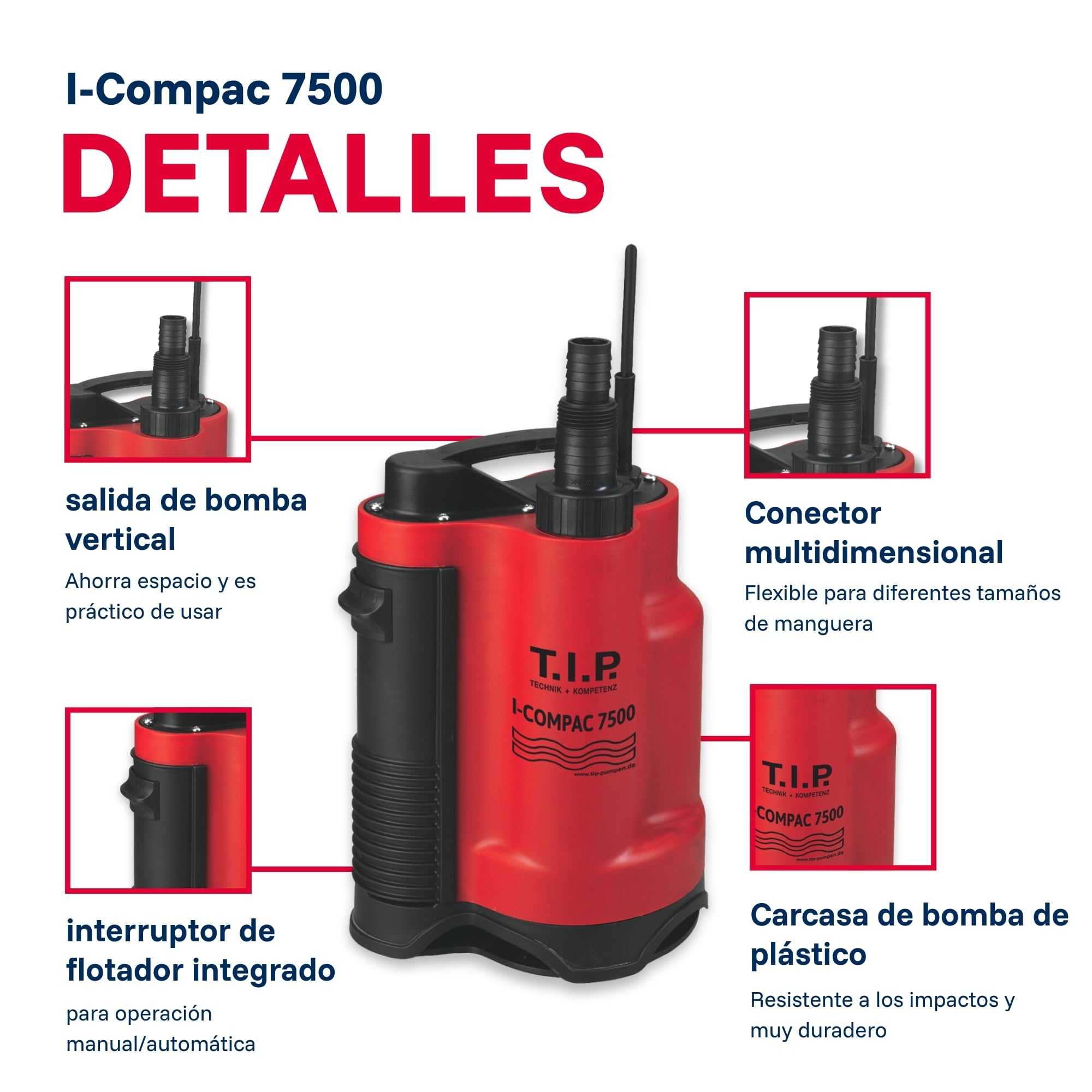 Bomba sumergible para aguas residuales T.I.P. 30190 I-Compac 7500, caudal de hasta 7,5 l/h, 18 x 13 x 30 cm