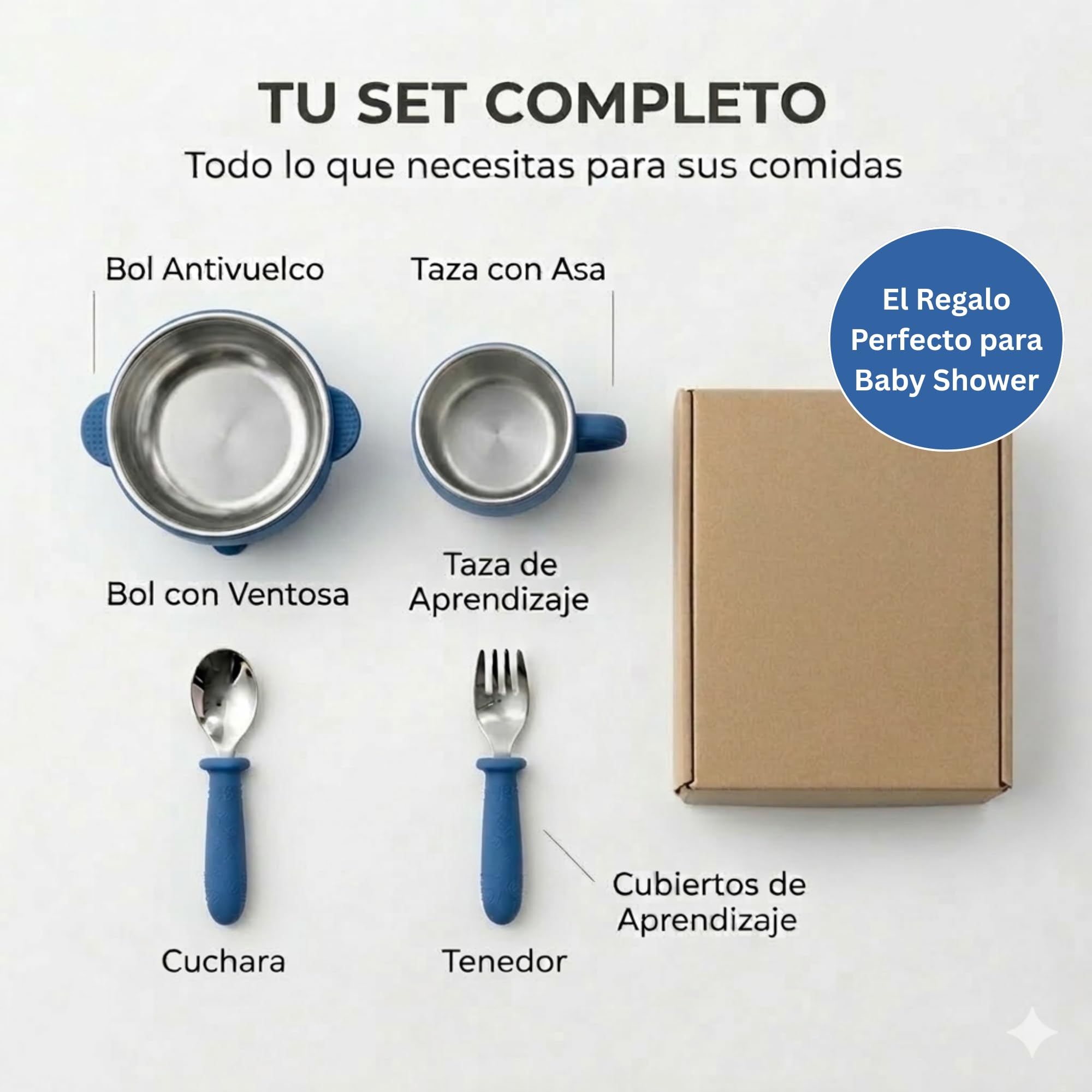 NENAVIBE Juego bebé 4 piezas acero inoxidable | Bol con ventosa, taza con asa y cubiertos BLW | Antideslizante, silicona desmontable, apto lavavajillas y sin olores | regalo 6 meses (Azul) — view 6