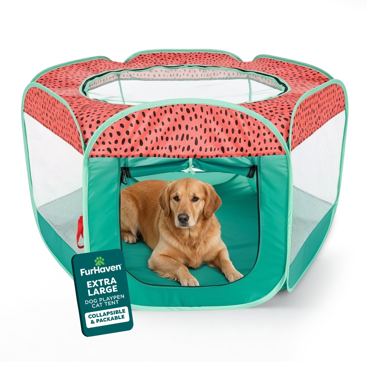 FurHaven Soft-Sided Dog &amp; Cat Playpen, Portable Foldable Indoor &amp; Outdoor Pet Playpen with Mesh Windows &amp; Zippered Door, Green &amp; Pink, Extra Large