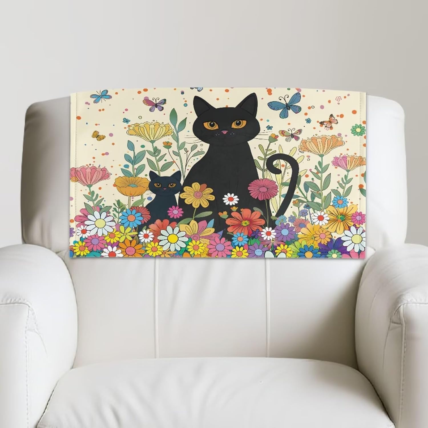 Wanyint Headrest Cover for Recliner Chair, Waterproof PU Leather Couch Headrest Covers with Hook & Loop Straps, Furniture Protector for Theater Seat, 17x27 Inch, Black Cat Hippie Flower