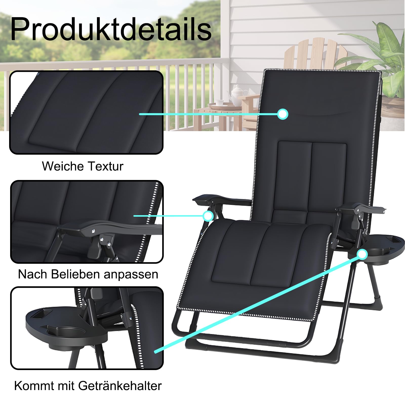 Garten Liegestuhl Klappbar, Verstellbare Relaxliege Outdoor, Sonnenstuhl mit Liegefunktion,Gartenstuhl mit Liegefunktion für Terrassen, Rasenflächen und Gärten (Strip-mit Kissen)