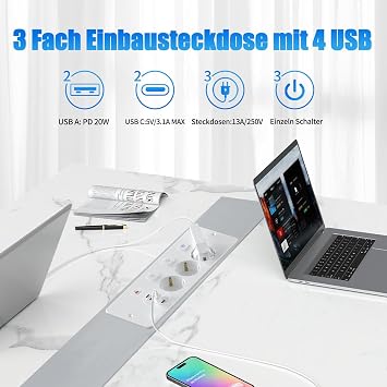 Table Top Retractable Socket 3 Compartments Built-in Power Strip with 4 USB Built-in Socket with USB C (PD 20W) Table Socket with Individually Switchable - 2 m Cable White