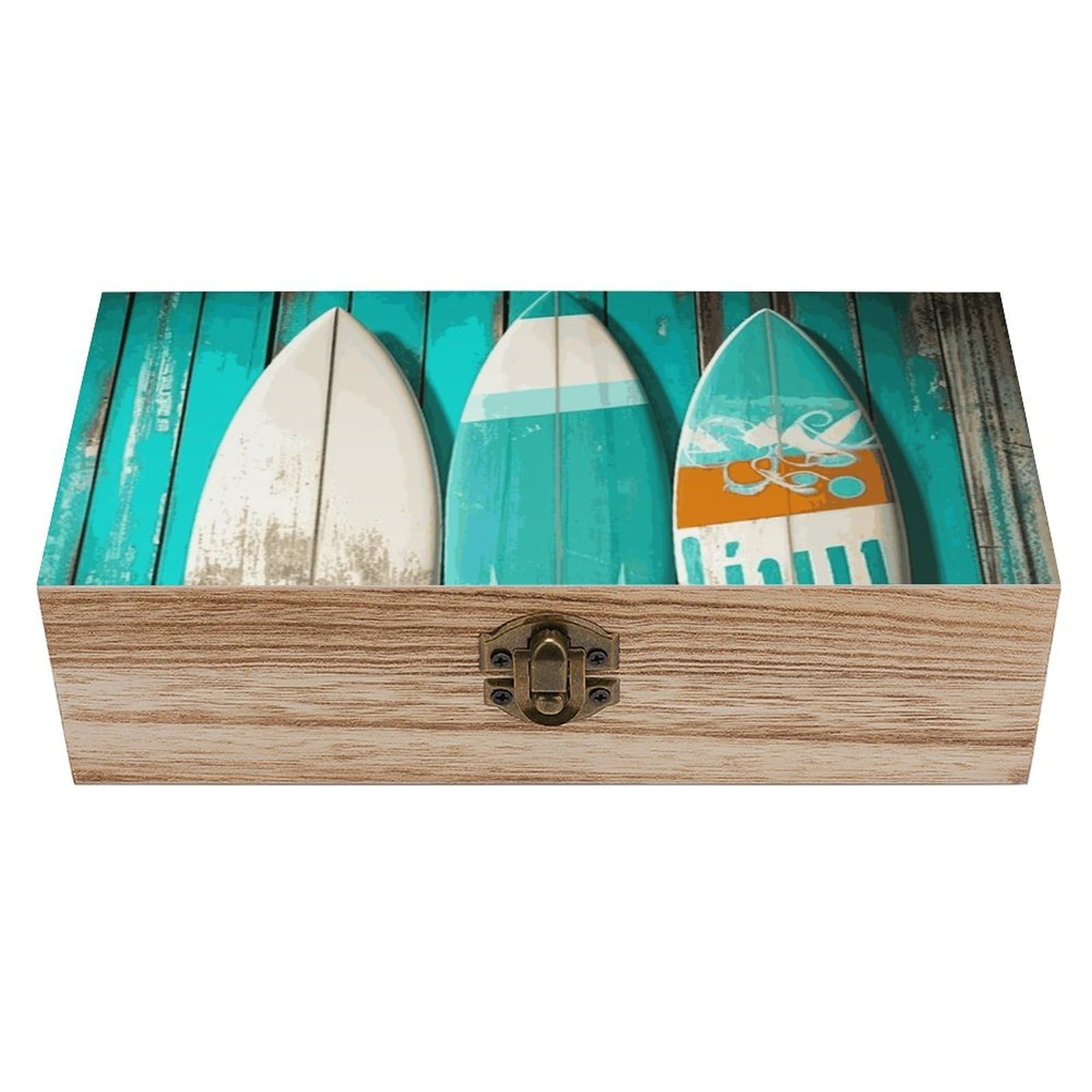 Oudrspo Surfboard in Vintage Style on Turquoise Wooden Wooden Keepsake Box Decorative Memory Storage Box with Hinged Lid Small Jewelry Keepsake Boxes for Storing Gift Pictures Letters Time Capsule