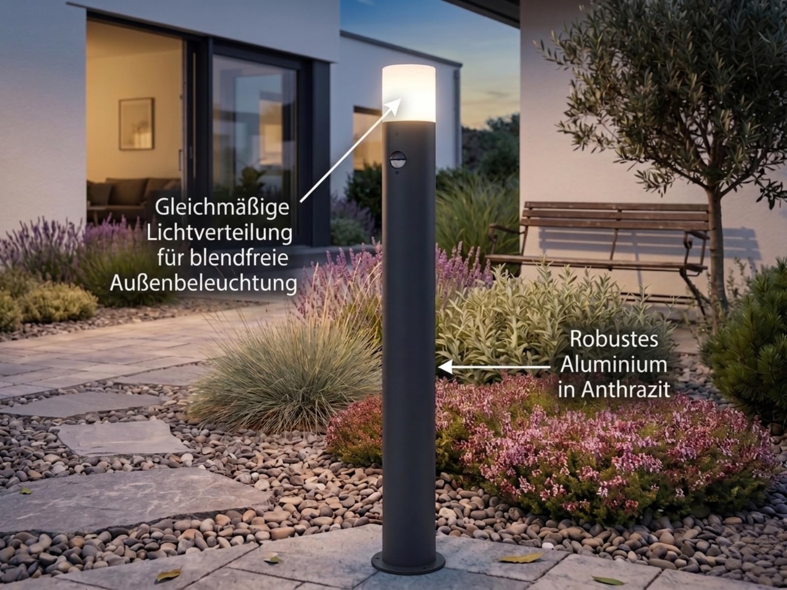 meineWunschleuchte Wege-Leuchte mit Bewegungsmelder Aluminium Anthrazit | mit E27 LED, Höhe 80cm, moderne Pollerleuchte, Schutzklasse IP44, für Wegbeleuchtung Garten Außen