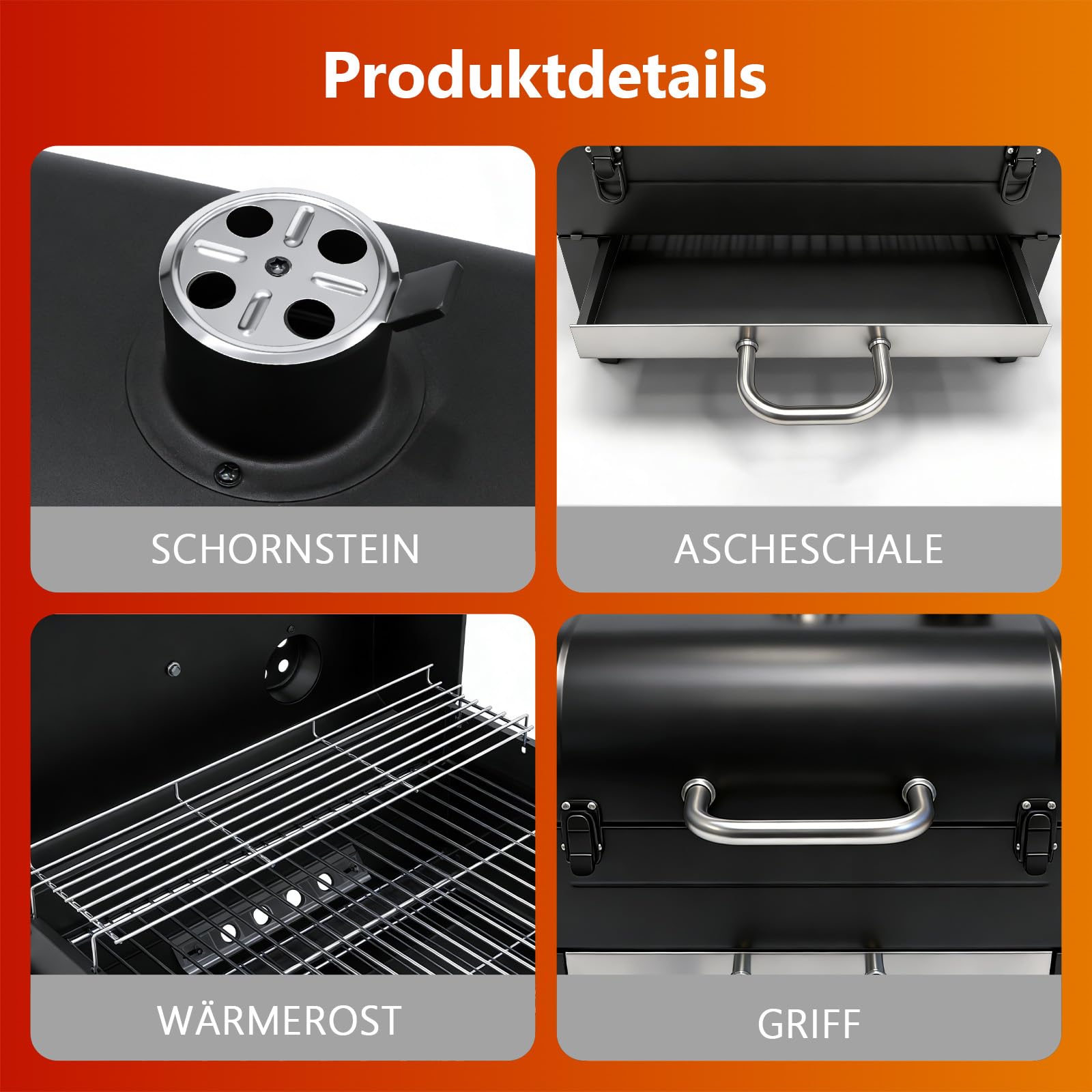 Holzkohlegrill mit Deckel und Thermometer, Grillrost 48 x 32 cm | Tragbarer Tischgrill mit Ascheschale, bbq grill für Outdoor Camping Picknick