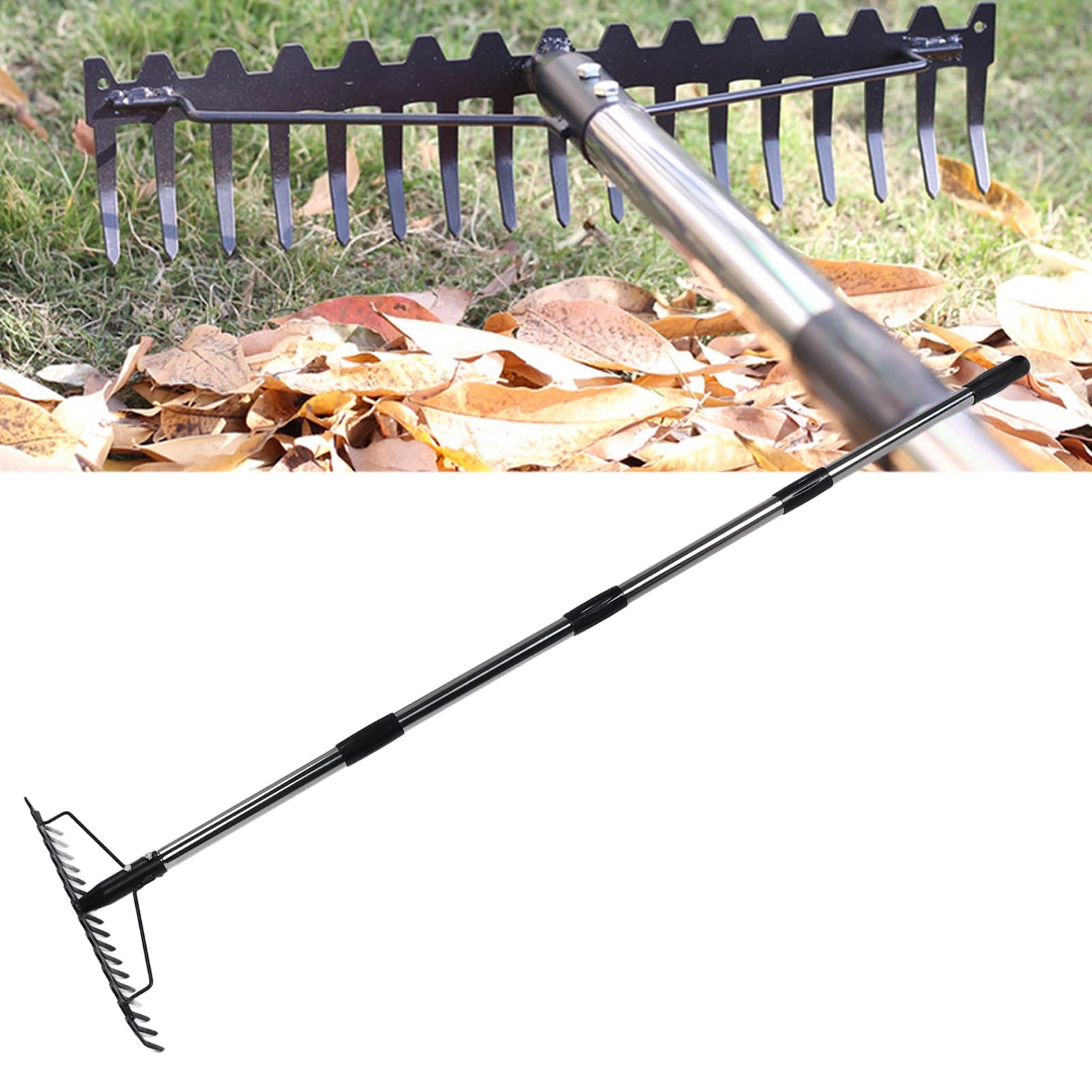 Gartenrechen mit 17 Zinken, Metall, 5-teilig, verstellbarer Griff – langlebig, widerstandsfähig, zum Auflockern des Bodens, Zusammensammeln von Laub und Nivellieren von Rasenflächen für Garten- und