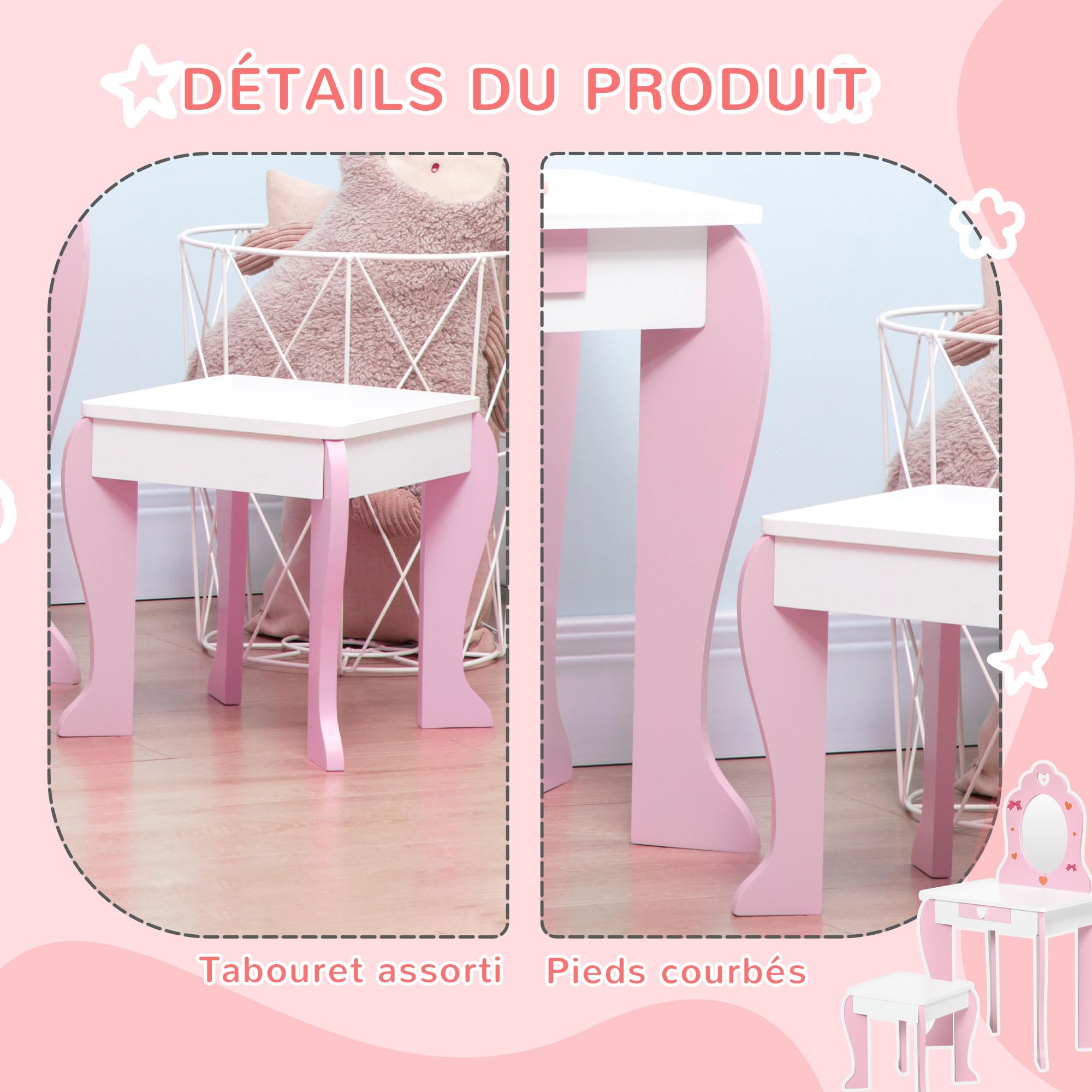 ZONEKIZ Coiffeuse Enfant de 3 à 6 Ans Table de Maquillage avec Tabouret Miroir et tiroir 50 x 36,5 x 89,5 cm Rose