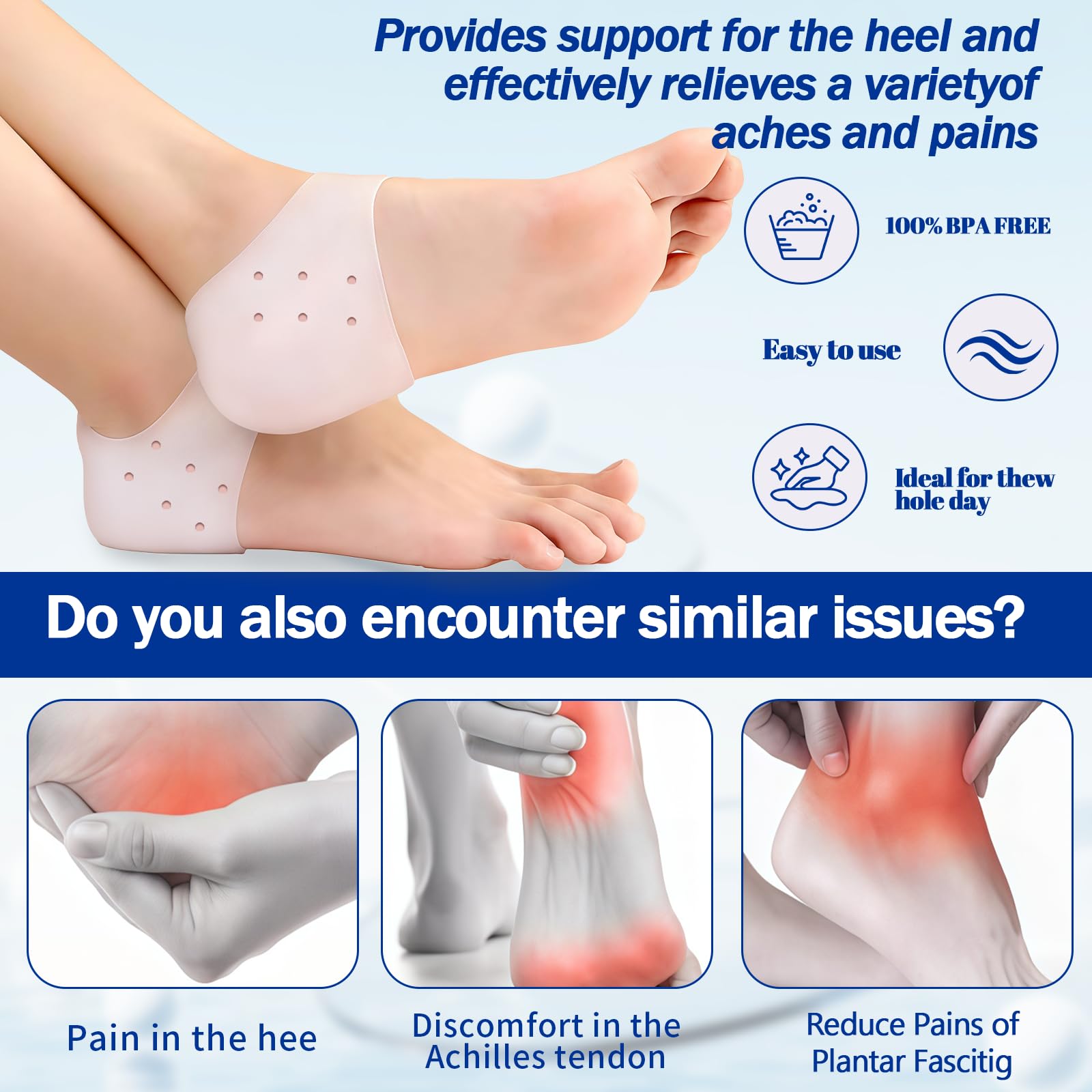 3 Pares Taloneras de Silicona, Protector de Talon, Transpirable Ajustable Protector de Talon, suave y cómodo, alivia presión plantar