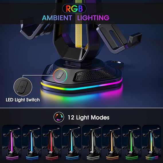 Luckit Gaming Headphones Stand, RGB Headset Stand with 12 Light Modes, Controller Holder with 2 USB Charging Ports - Supports Data Transfer, Earphone Hanger Accessories for Desktop Gamer