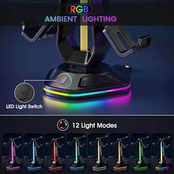 Luckit Gaming Headphones Stand, RGB Headset Stand with 12 Light Modes, Controller Holder with 2 USB Charging Ports - Supports Data Transfer, Earphone Hanger Accessories for Desktop Gamer