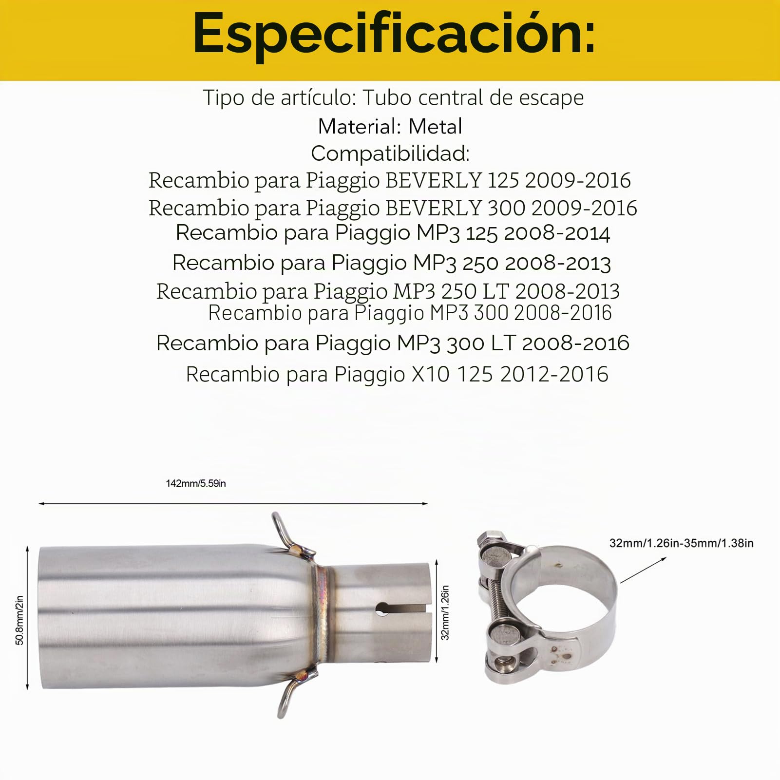 Tubo de Escape Medio de Motocicleta, Tubo de Enlace Medio de Escape de Metal de Motocicleta para BEVERLY 125 300 MP3 125 250 300 LT 125