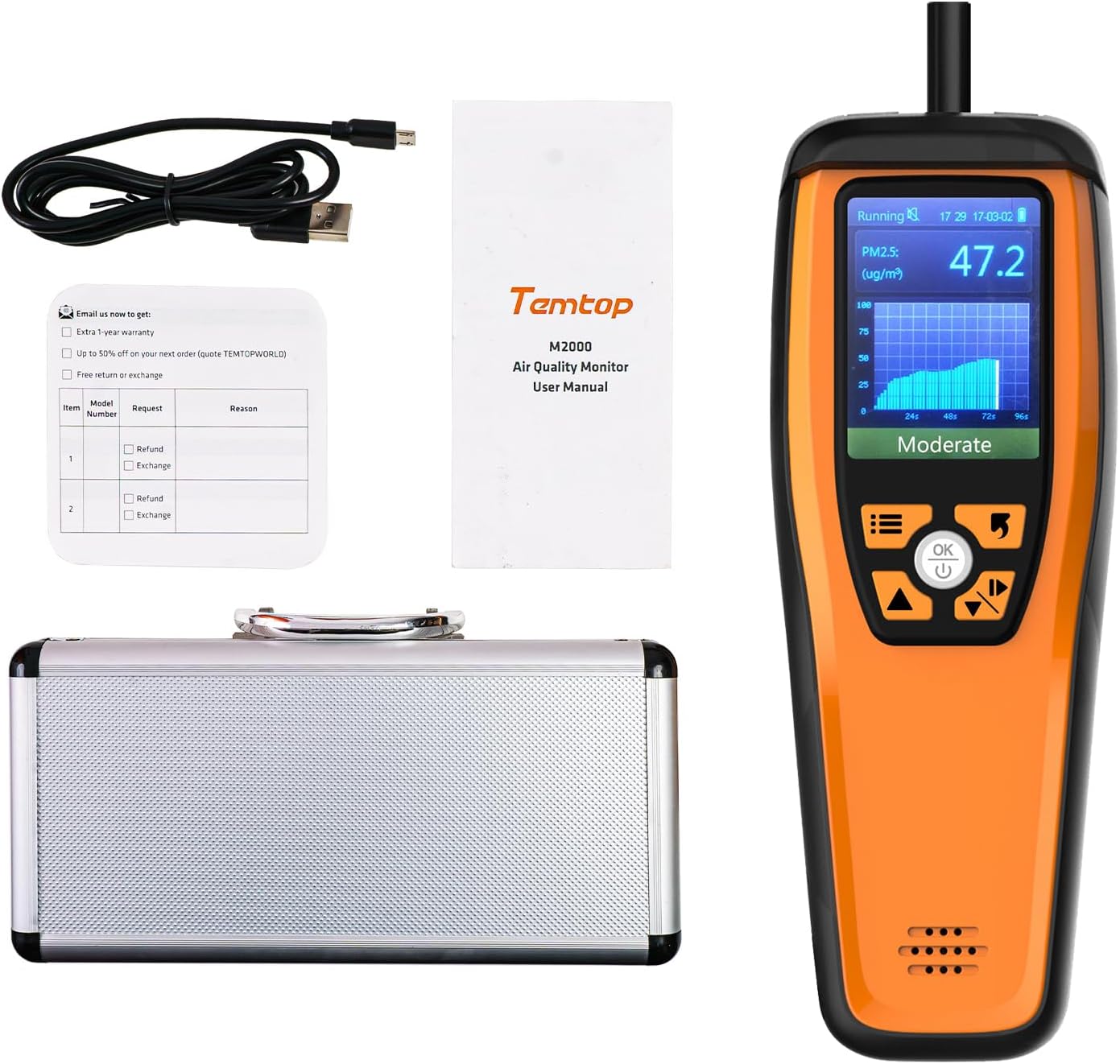Advanced air quality monitor for Temtop CO2, PM2.5, PM10, audio alarm, temperature and humidity insight, data export for detailed analysis, M2000C 2ND