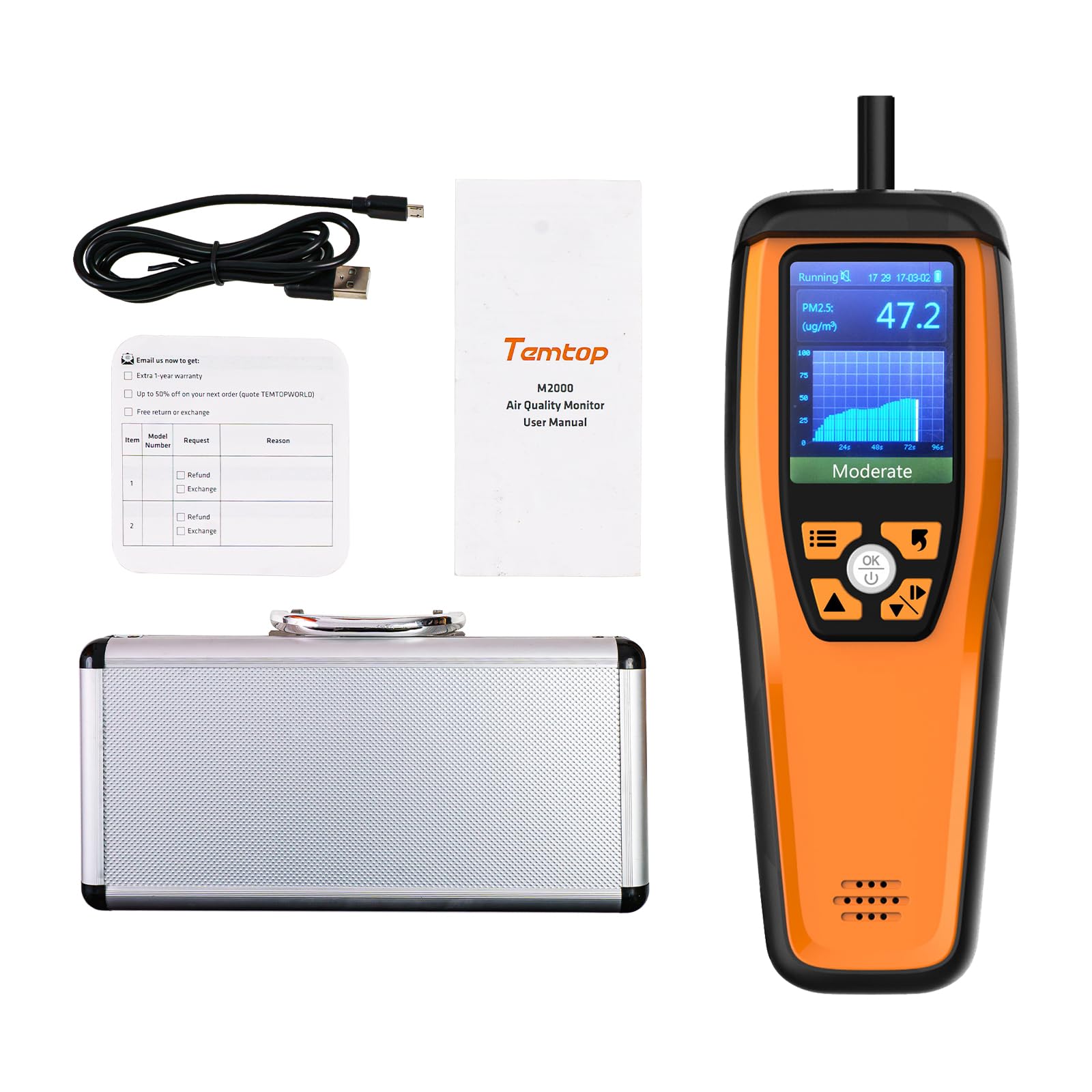 Temtop Advanced Air Quality Monitor for CO2, PM2.5, PM10, with Audio Alarm, Temp & Humidity Insights, Plus Data Export for in-Depth Analysis, M2000C 2ND