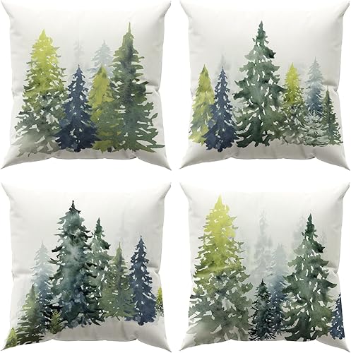 Juego de 4 fundas de almohada con diseño de árbol de Navidad en acuarela, rústico, naturaleza, bosque, azul y verde, decoración de pino, primavera,
