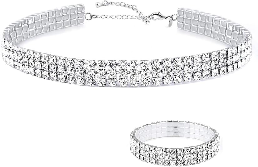 Zealmer 18K Gold Plated 1-6 Rows Rhinestone Choker Necklace & Bracelets Set Bridal Jewelry