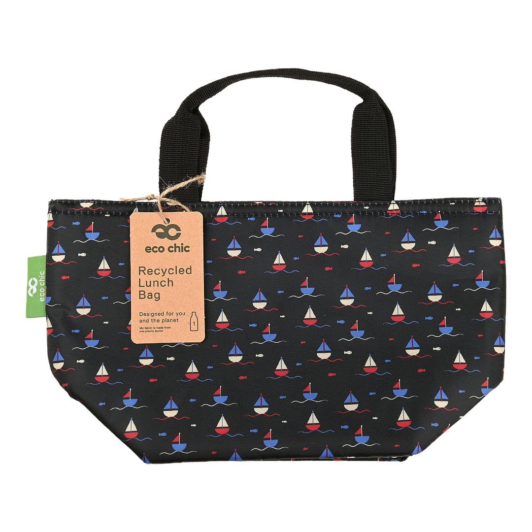 ECO CHIC Lightweight Foldable Insulated Lunch Bag Water Resistant Cooler Bag (Yachts Navy), Black, 175mm x 300mm x 135mm