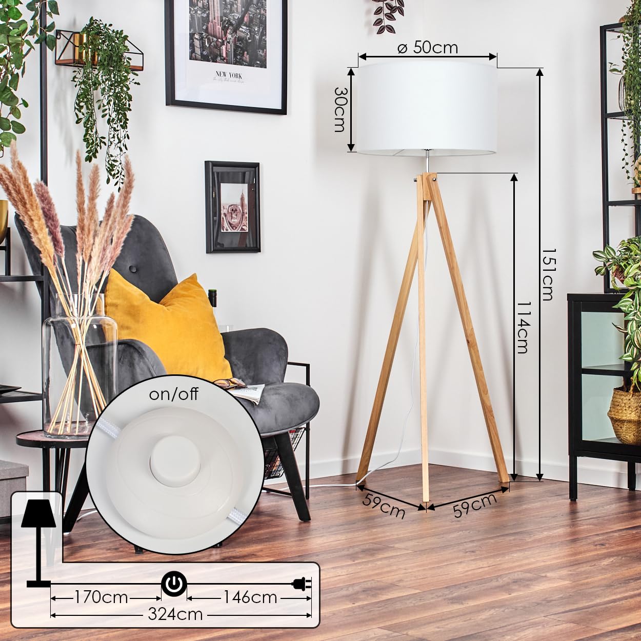 Stehleuchte Flemming, Stehlampe aus Holz/Stoff in Naturfarben/Weiß, Leuchte im modernen Boho-Style, skandinavisces Design (Ø50 cm), Höhe 151 cm, mit Fußschalter, 1 x E27, ohne Leuchtmittel