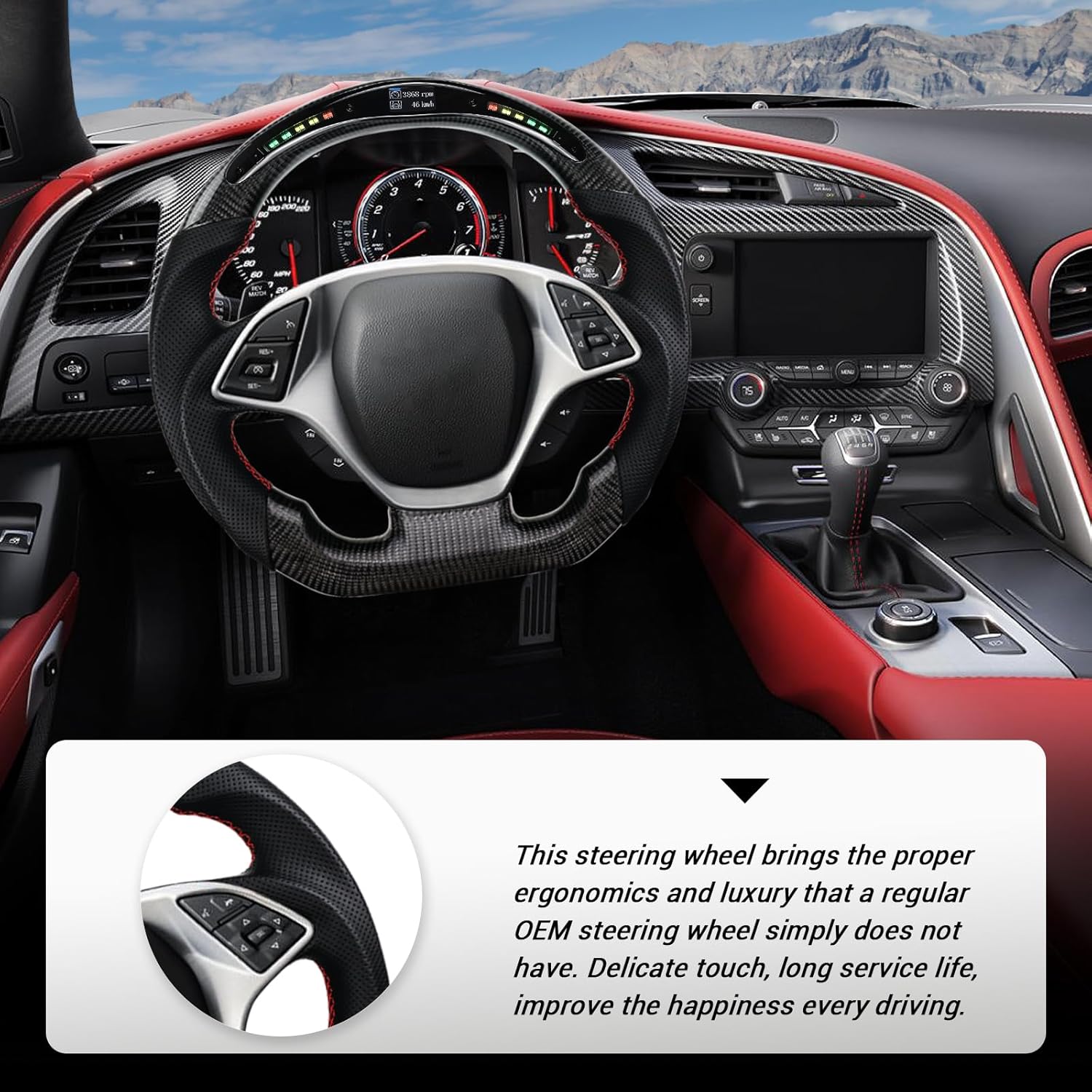 LOSCHEN Carbon Fiber Steering Wheel for Chevrolet Corvette C7 2014-2019, Real Carbon Fiber Nappa Perforated Leather, LED Display Shift Indicator Steering Wheel for Chevrolet Corvette C7 2014-2019