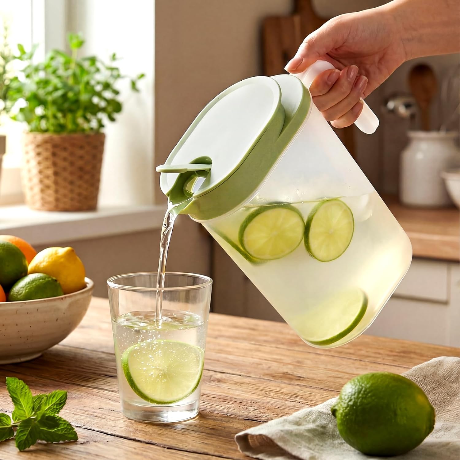 2 Pack Slim Water Pitcher with Lid & Pivot Top Spout, 2.1 Liter Clear Water Pitcher for Fridge Door, Plastic Jug With Handle and Lid for Juice, Iced Tea, Coffee - Image 3