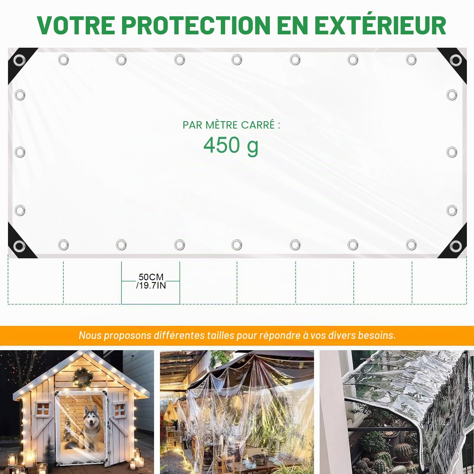 2x4m Bâche Transparente avec œillets, 450 g/m² PVC Bâche Transparente avec 20 Serre-câbles, Corde de Fixation de 10m Exterieur Imperméable pour Terrasse, Balcon, Jardin, Les tonnelles