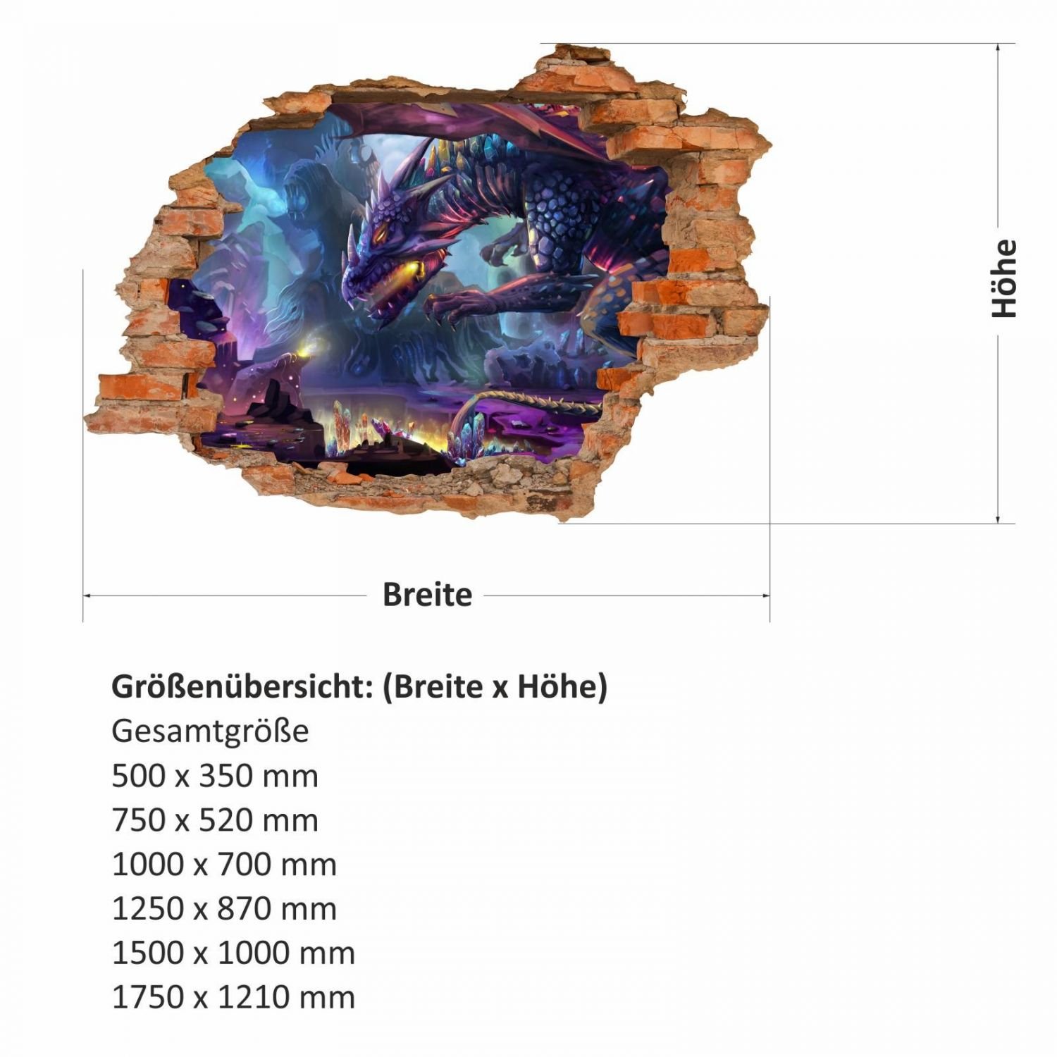 097 - Adesivo da parete a forma di drago fantasy, 5 misure, ideale per la cameretta dei bambini, viola., 1250 x 870 mm