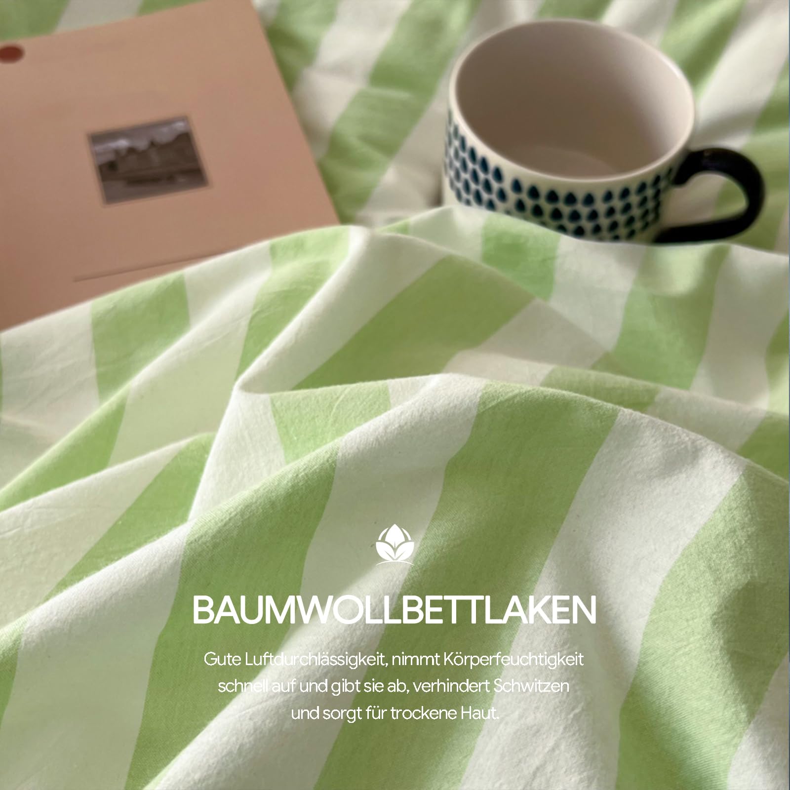 Bettlaken 245x270cm Extra großes Bettlaken | Baumwolle,Hellgrüne Streifen,Gestreift,Ganzjahres,Strapazierfähiges,mit 2 x Kissenbezug von 50 x 75 cm
