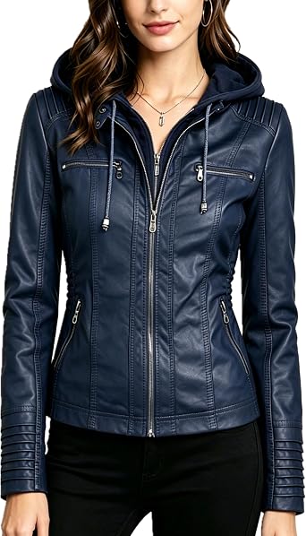 Faux Leather Jacket for Women Biker Jacket with Hood Womens Motorcycle Jacket