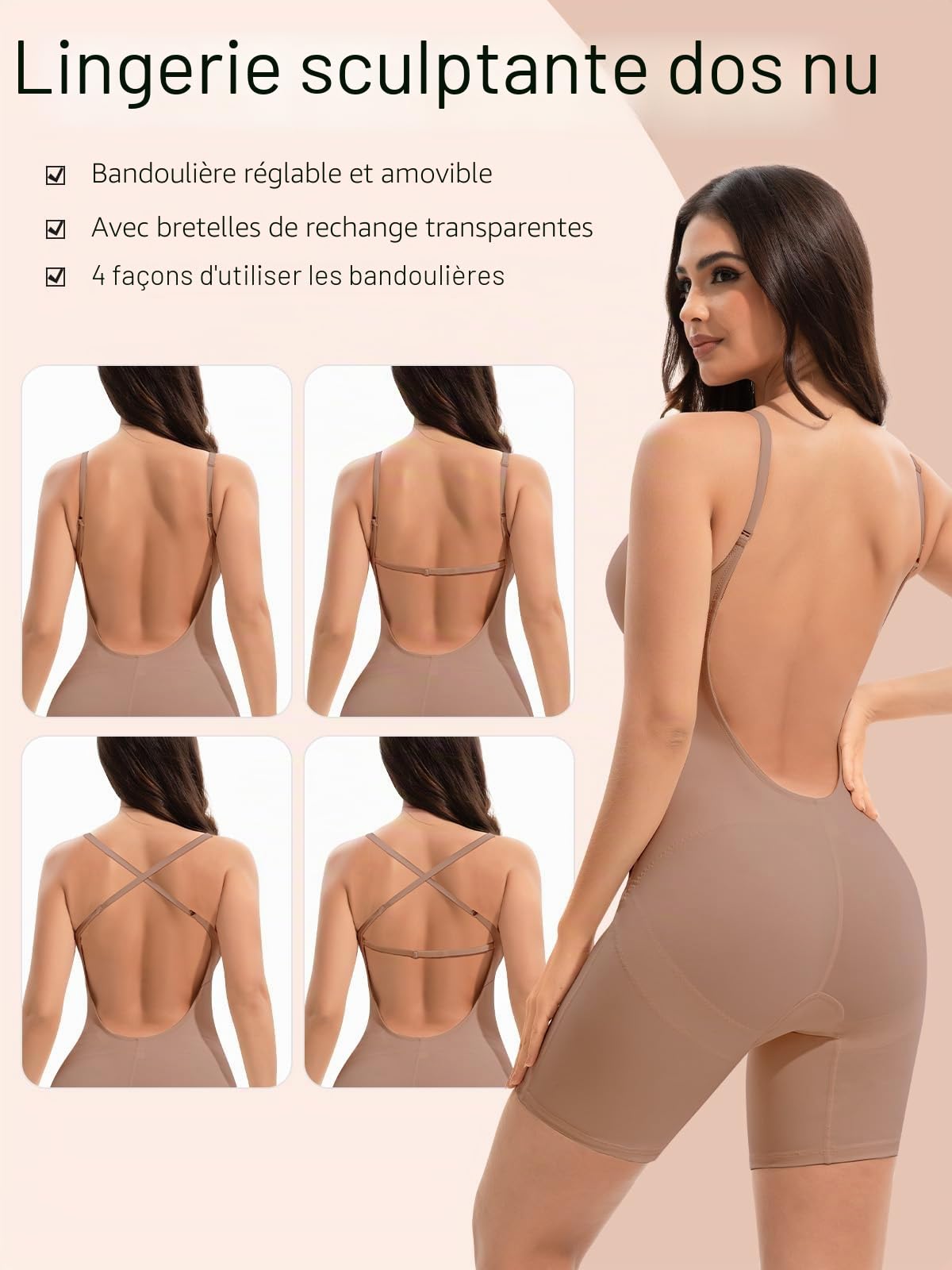 Slimers Gaine dos nu amincissante : Body gainant dos nu plongeant : gaine sculptante intégrale avec soutien-gorge intégré.