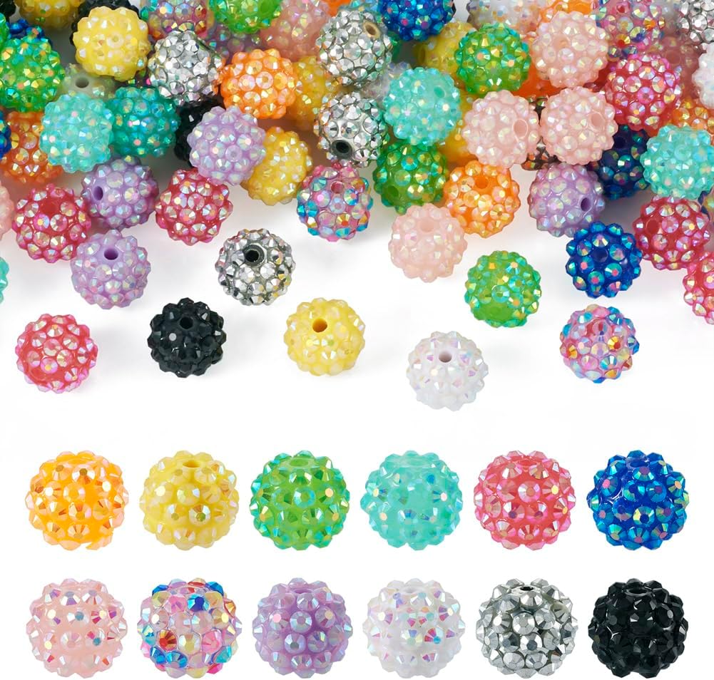 Fashewelry 96pcs Resin Rhinestone Beads 14mm Disco Ball Chunky Round Bubblegum Beads for Beadable Pen Lanyards Keychain Bag Chain Jewelry Making