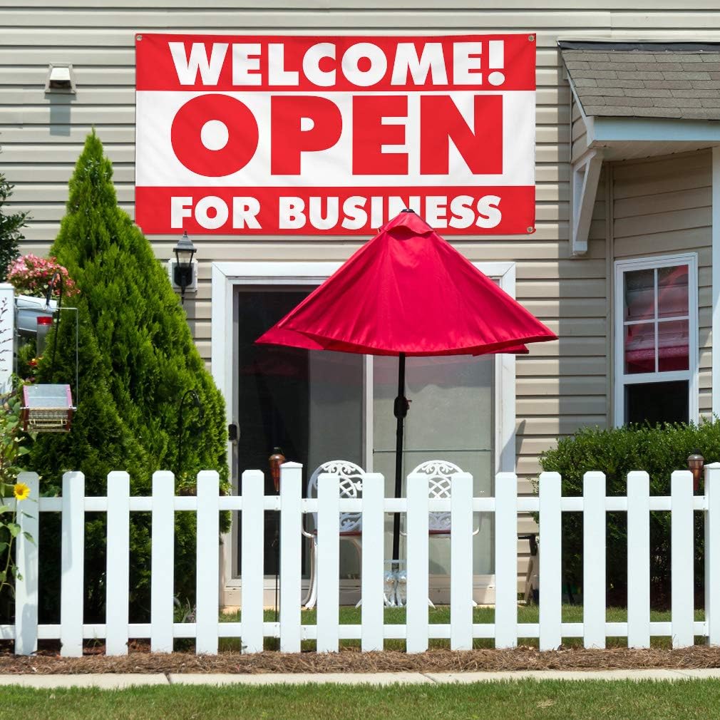 Vinyl Banner Multiple Sizes Welcome Open for Business #1 Business Outdoor Weatherproof Industrial Yard Signs Red 4 Grommets 16x40Inches