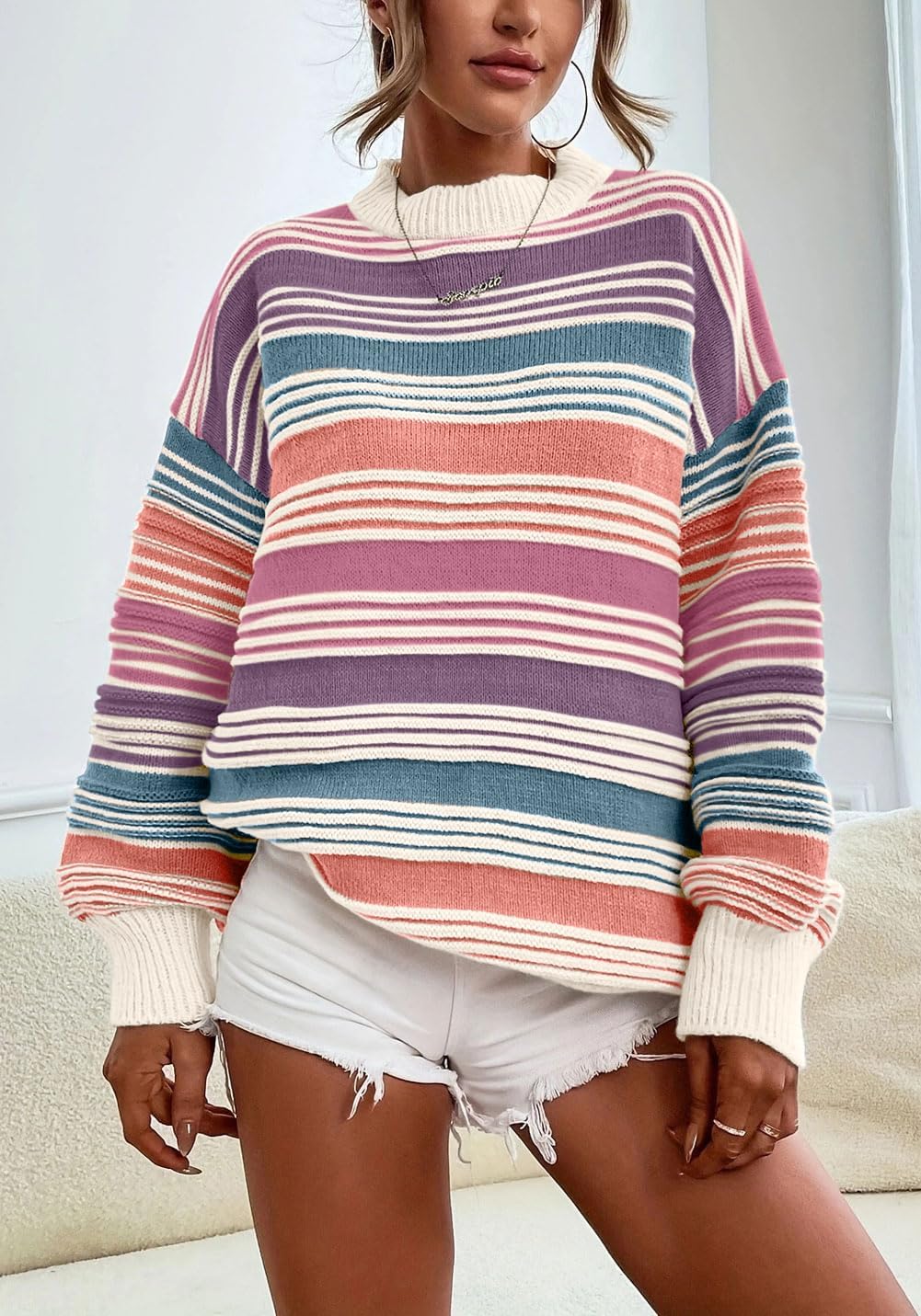 CHARTOU Women Contrast Striped Pullover Sweater 2025 Fall Outfits Oversized Knit Jumper Tops - Image 5