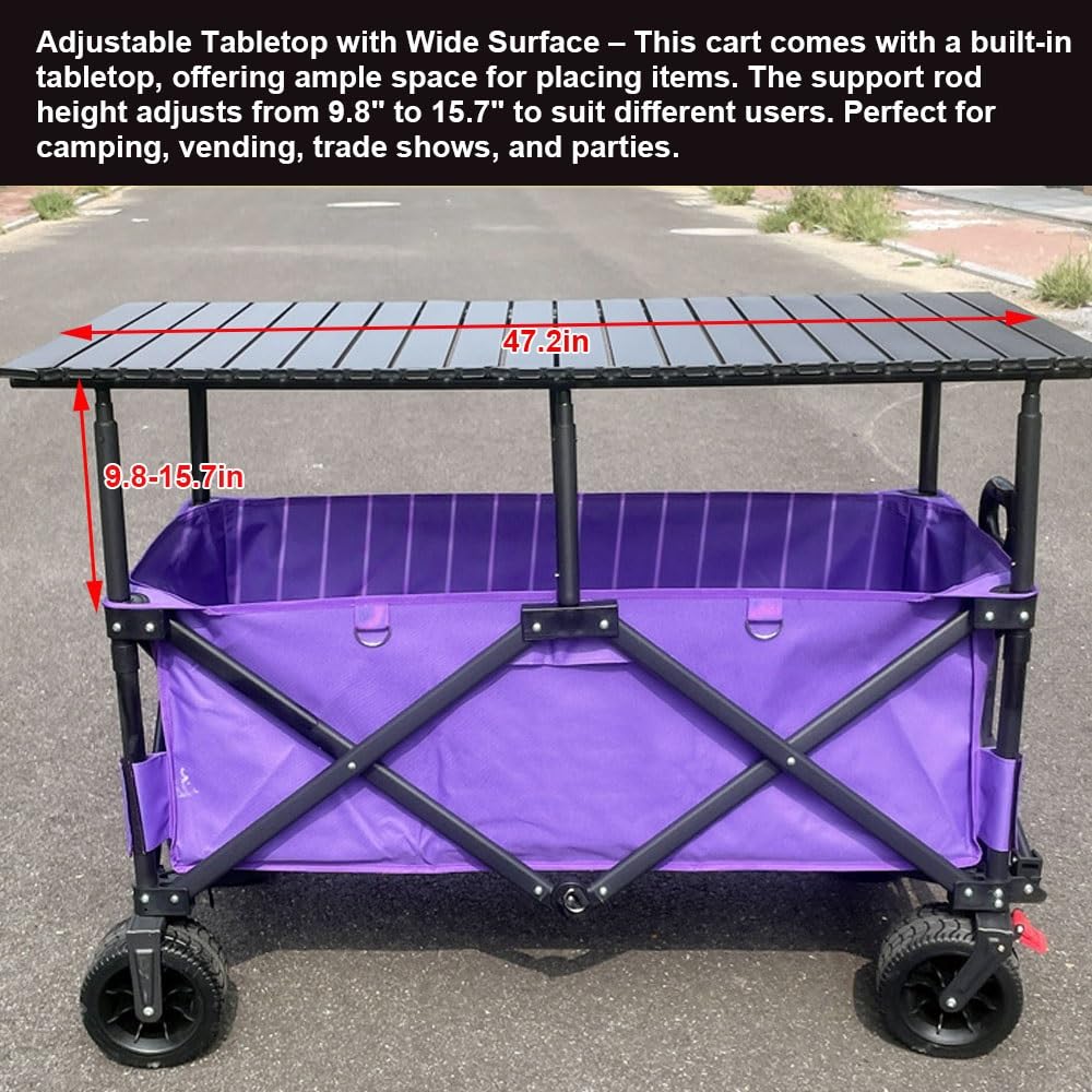 Carrello pieghevole da 130 cm con tettuccio e piano regolabile da tavolo, resistente, per spiaggia, spesa, campeggio, attività all'aperto, grande capacità, nero