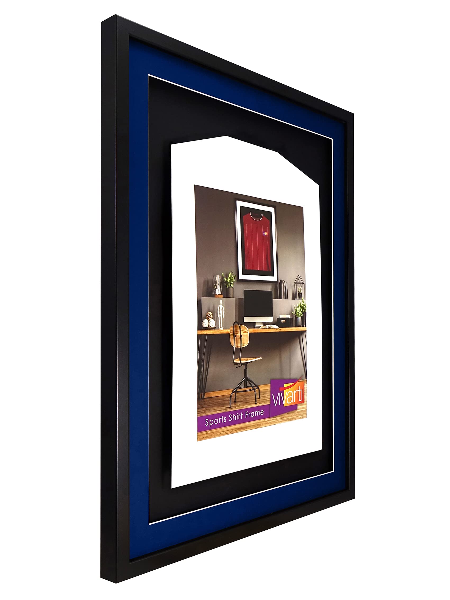 Vivarti DIY Junior - Marco de exhibición deportivo montado en 3D para fútbol, rugby, camiseta de banda, caja de sombra, 50 x 70 cm, marco negro, soporte azul, tarjeta trasera negra