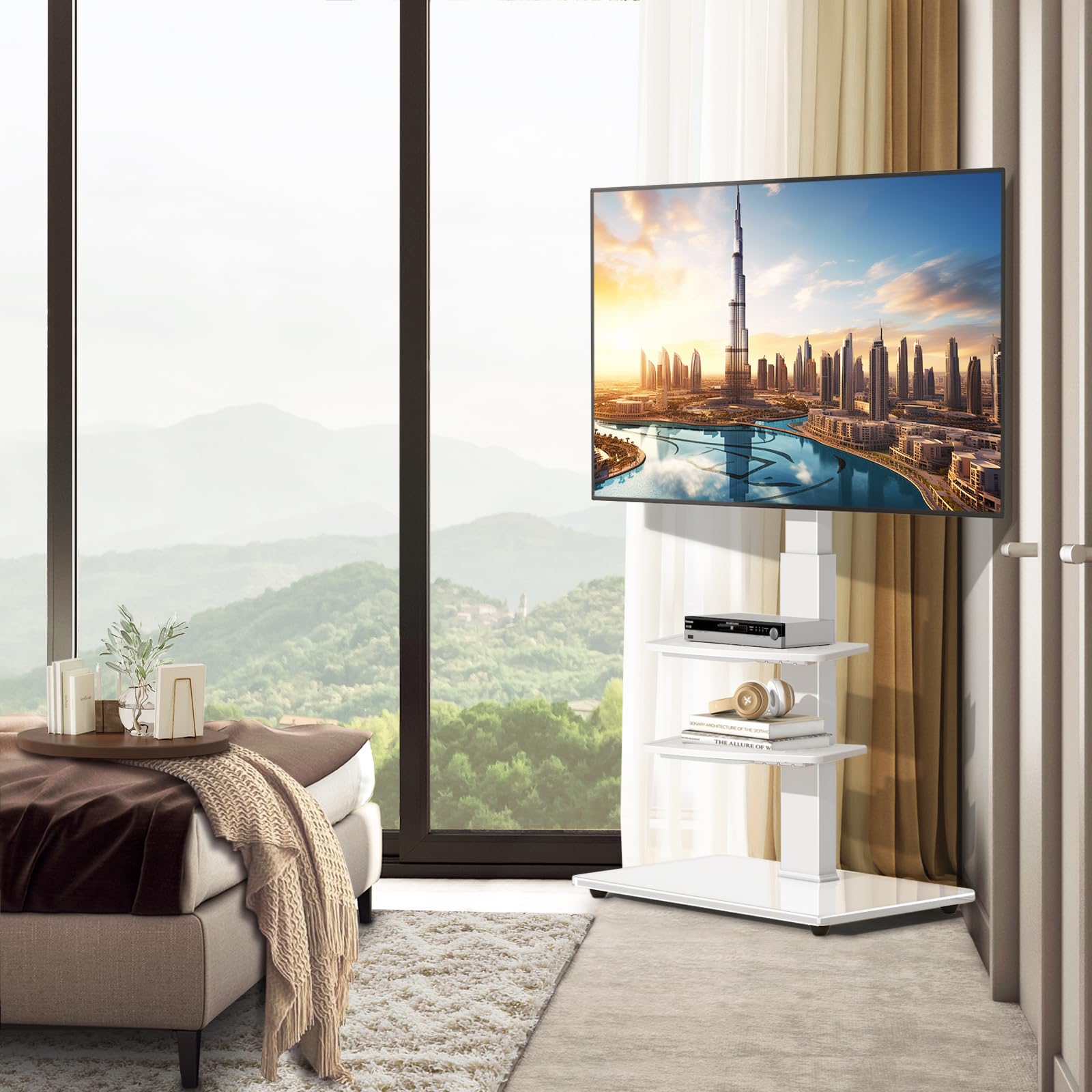 RFIVER Supporto TV da Pavimento per 32-70 pollici Schermo piatto LCD/LED, regolabile in altezza con bianco Girevole in Vetro Temperato Nero Max VESA 400x400mm, Supporto TV Fino a 50kg | Mobile TV alto universale, girevole in altezza, supporto TV angolare,