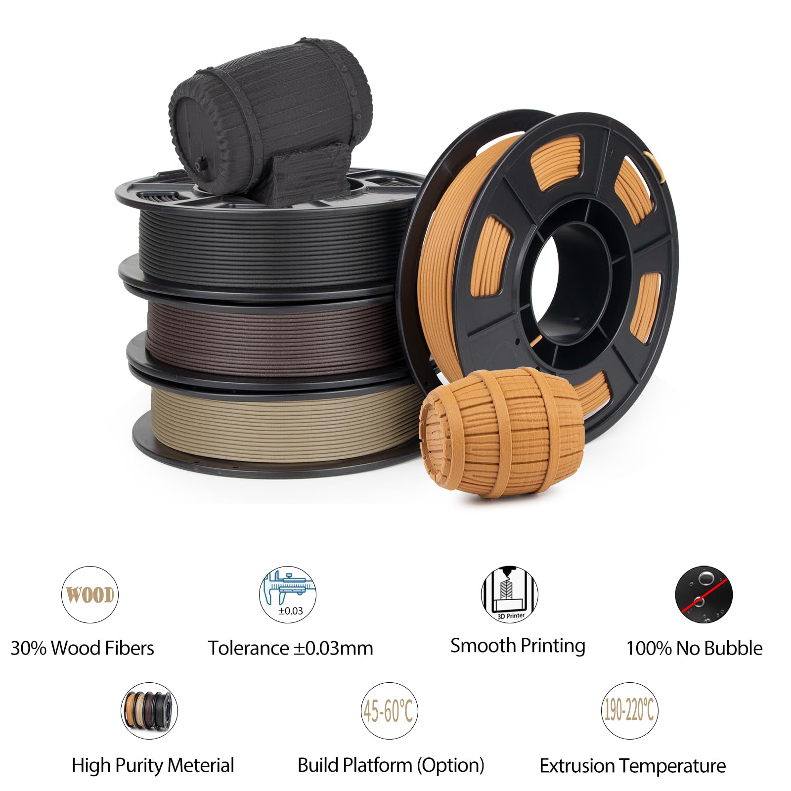 iSANMATE PLA Wood Filament pour Imprimante 3D, Bois de Pin Blanc, Sable, Poirier Jaune et Ebène 1.75mm, 250g X 4 Pack, Précision Dimensionnelle +/- 0,02 mm (20% Poudre de Bois+80% PLA+)