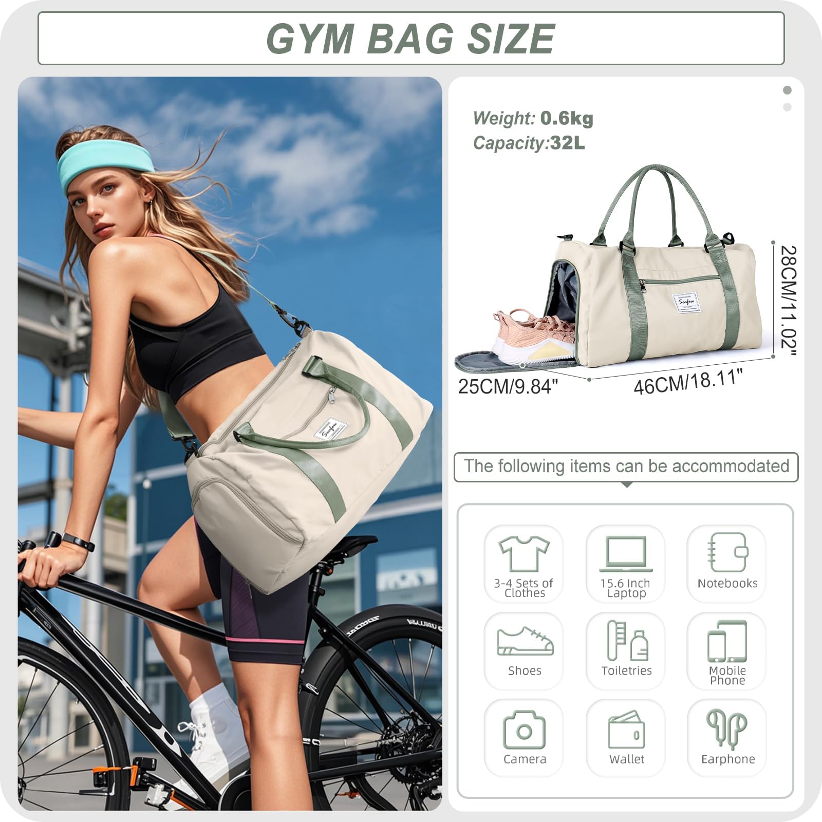 HYC00 Borsone Palestra Donna Uomo Borsa Sportiva con Scomparto Scarpe Borsone da Viaggio Sports Gym Bag Grande Borse da Palestra Piscina Donna Fitness Weekend Duffel Bag Borsa per Ospedale,Beige Verde