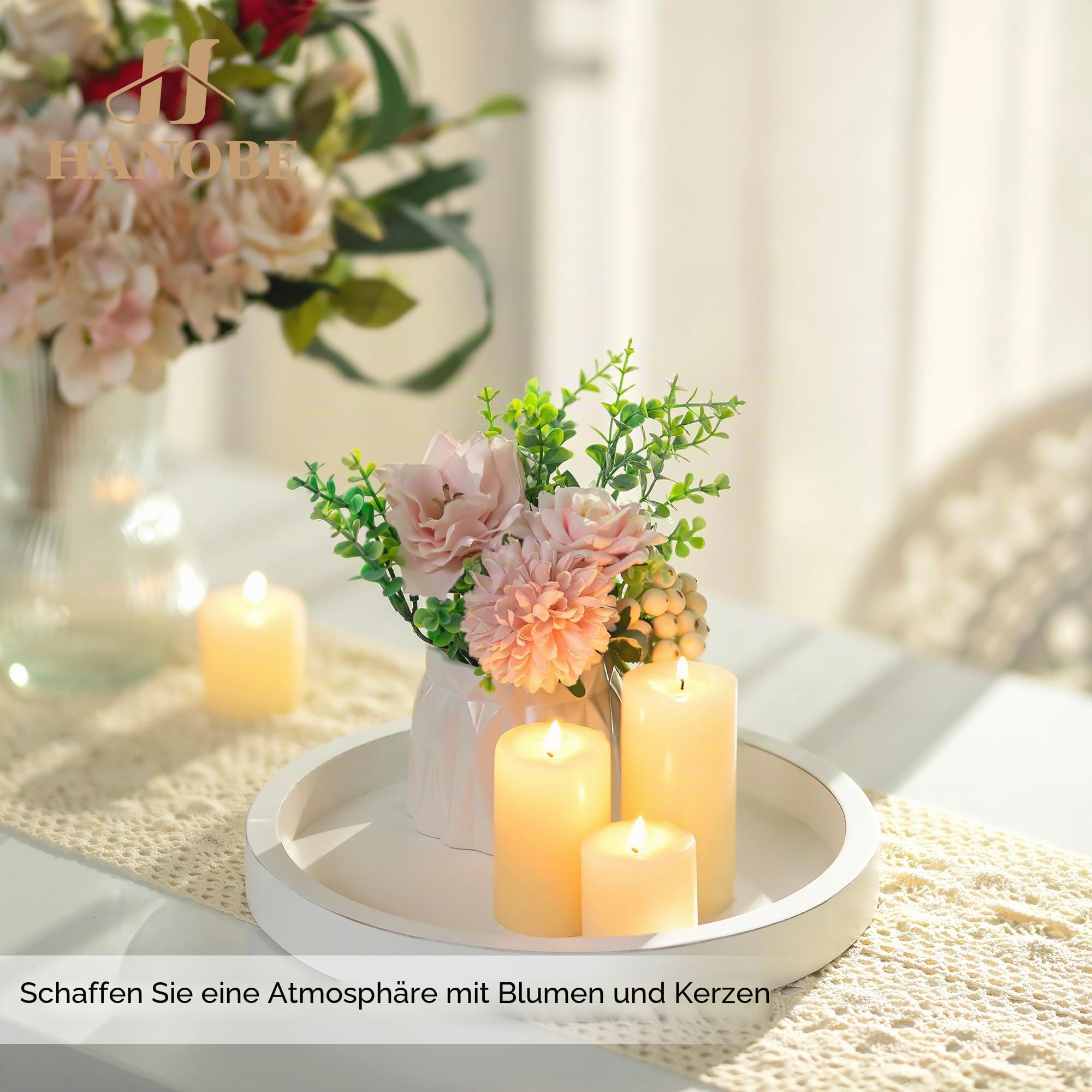 Hanobe Deko Wohnzimmer Tablett Serviertablett: Modern Rund Holztablett Weiß für Schlafzimmer Badezimmer - Weiss Holz Dekotablett 28cm für Tisch Deko