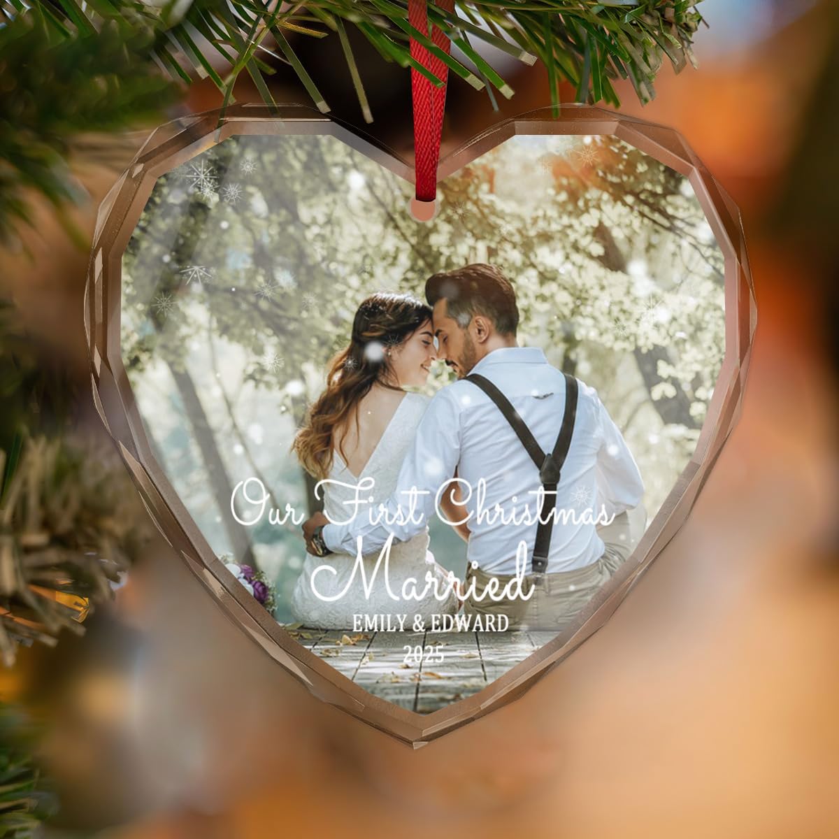 Personalized First Christmas Married Ornament, Custom Heart Shape Glass Ornament, Custom Wedding Date Keepsake